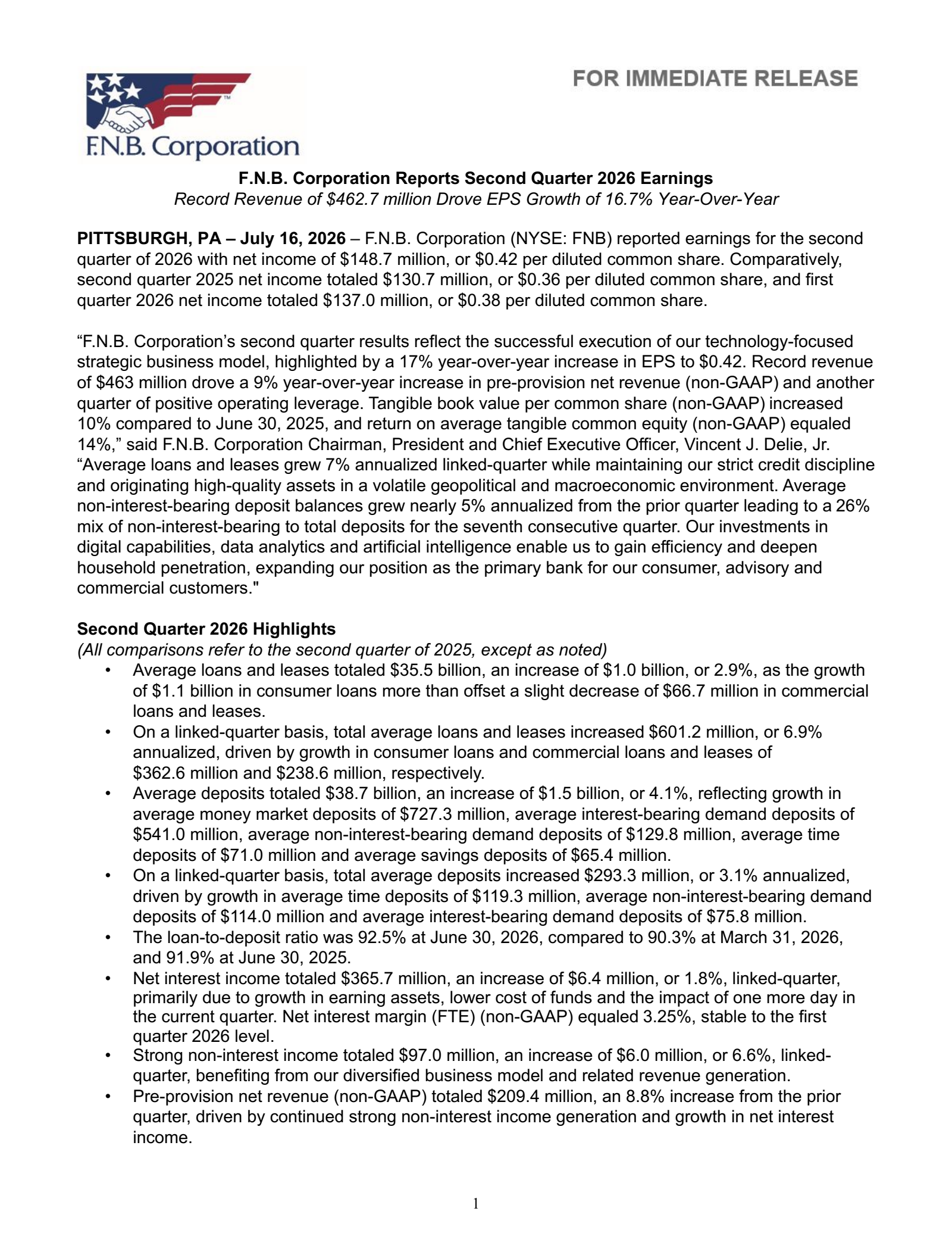 F.N.B.'s Q2 2026 Press Release