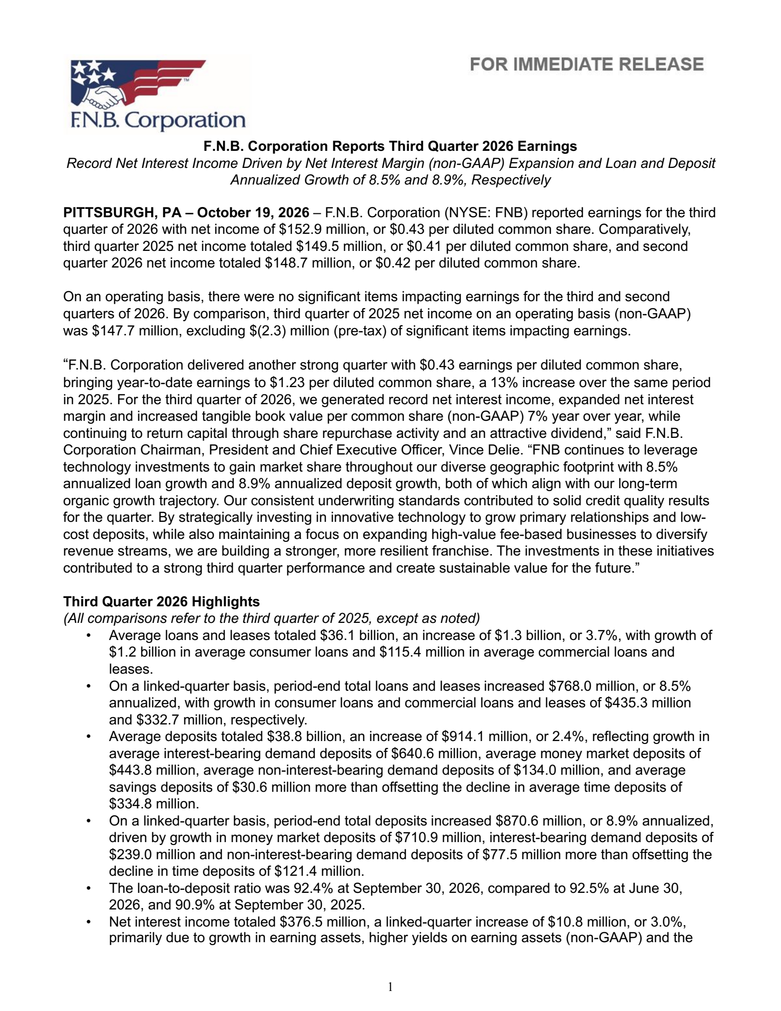 F.N.B.'s Q3 2026 Press Release