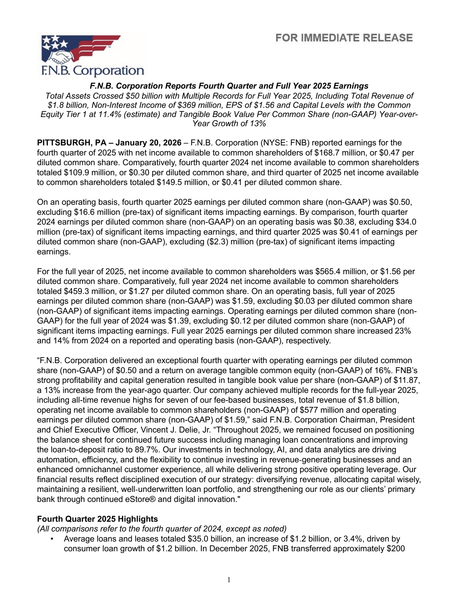 F.N.B.'s Q4 2025 Press Release