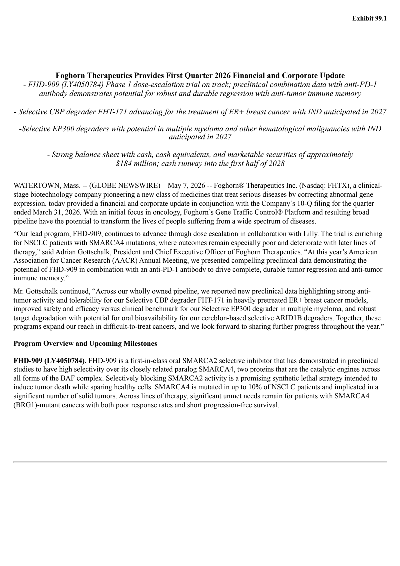Foghorn Therapeutics' Q1 2026 Press Release