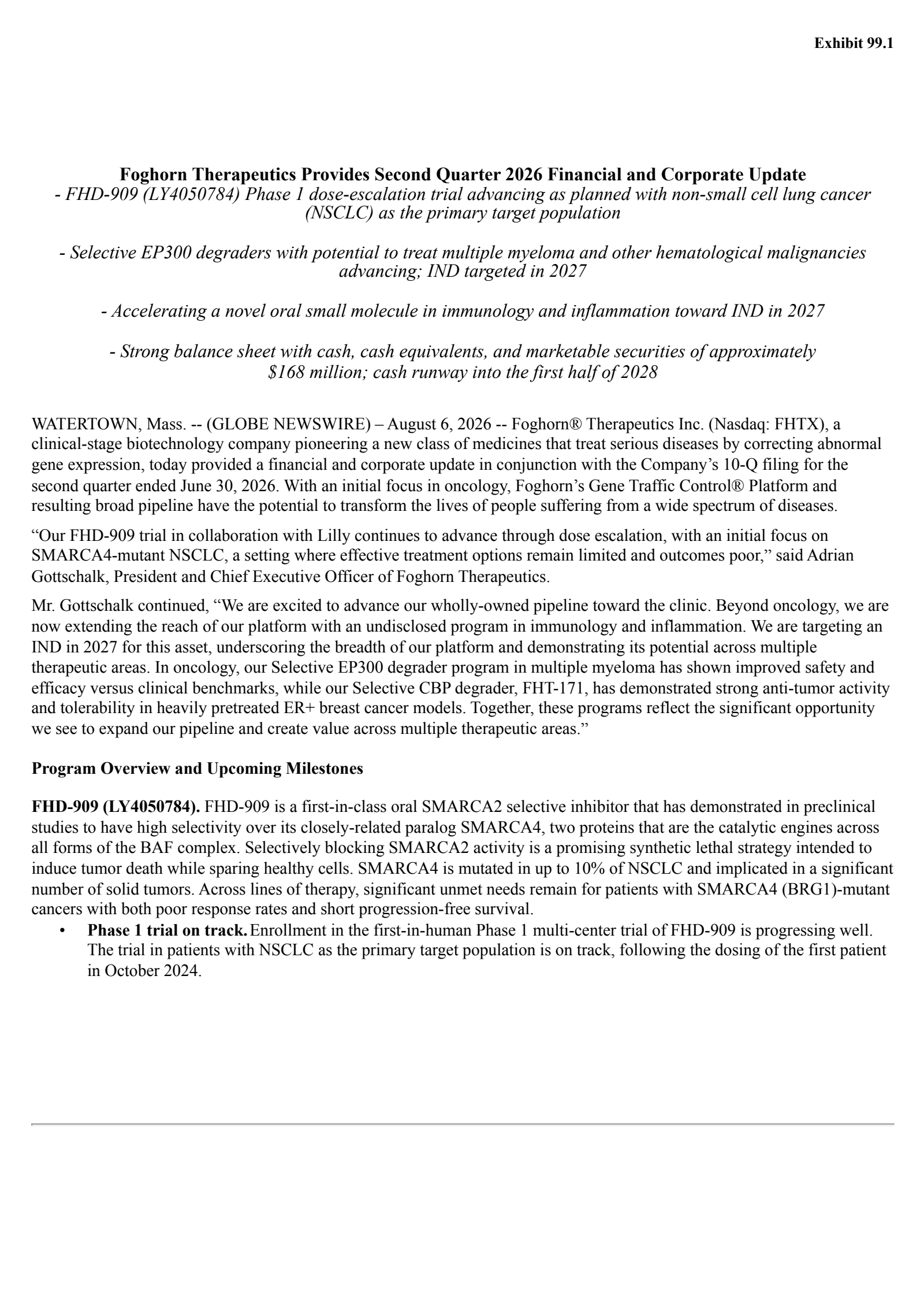 Foghorn Therapeutics' Q2 2026 Press Release