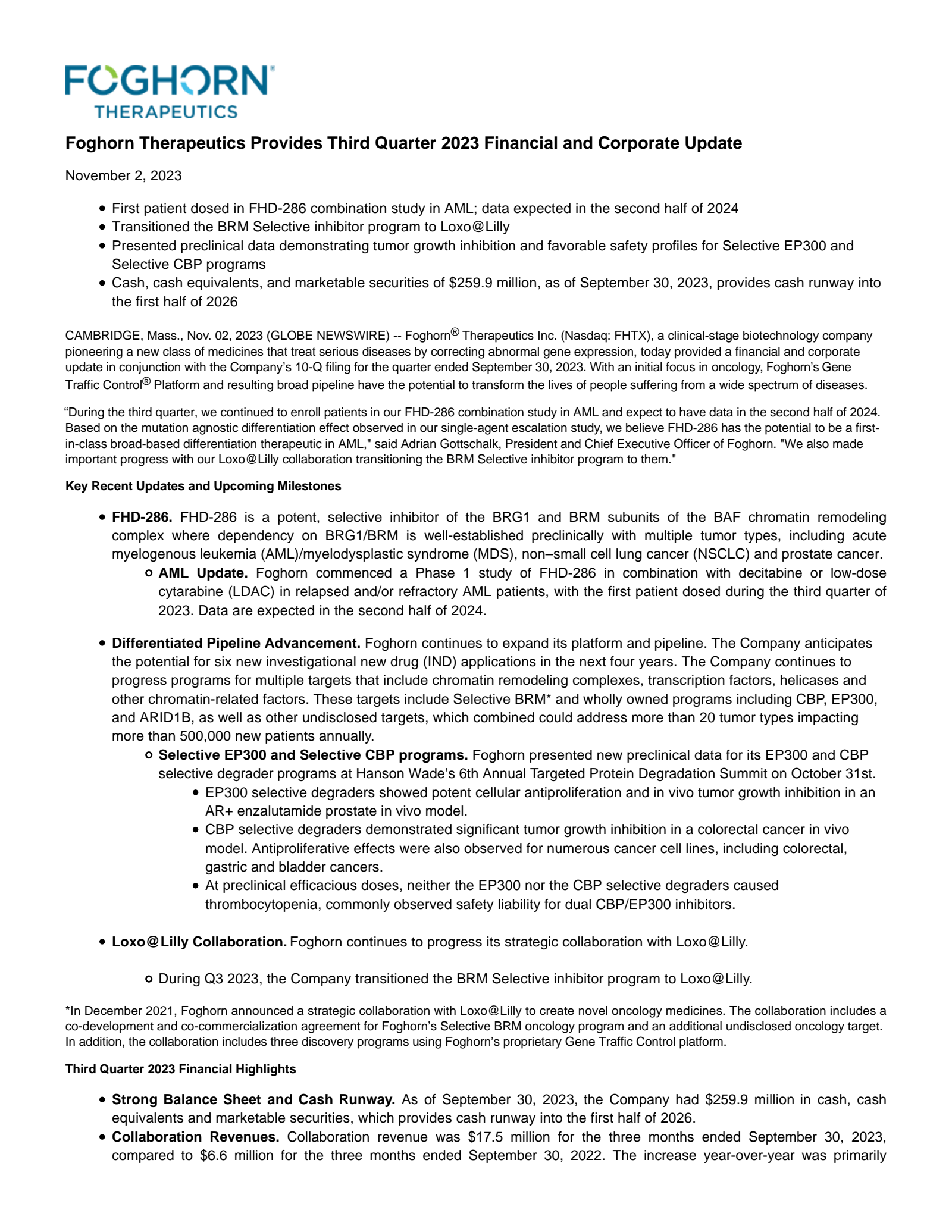 Foghorn Therapeutics' Q3 2023 Press Release