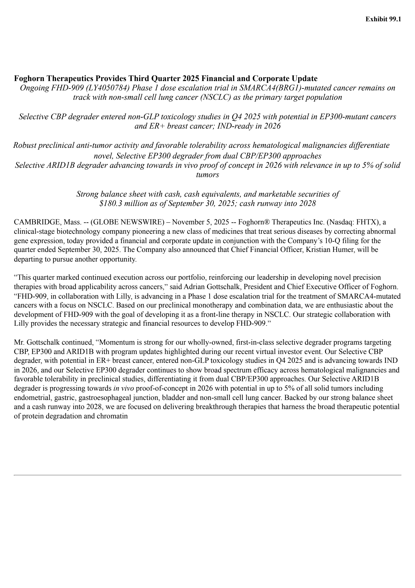 Foghorn Therapeutics' Q3 2025 Earnings Release