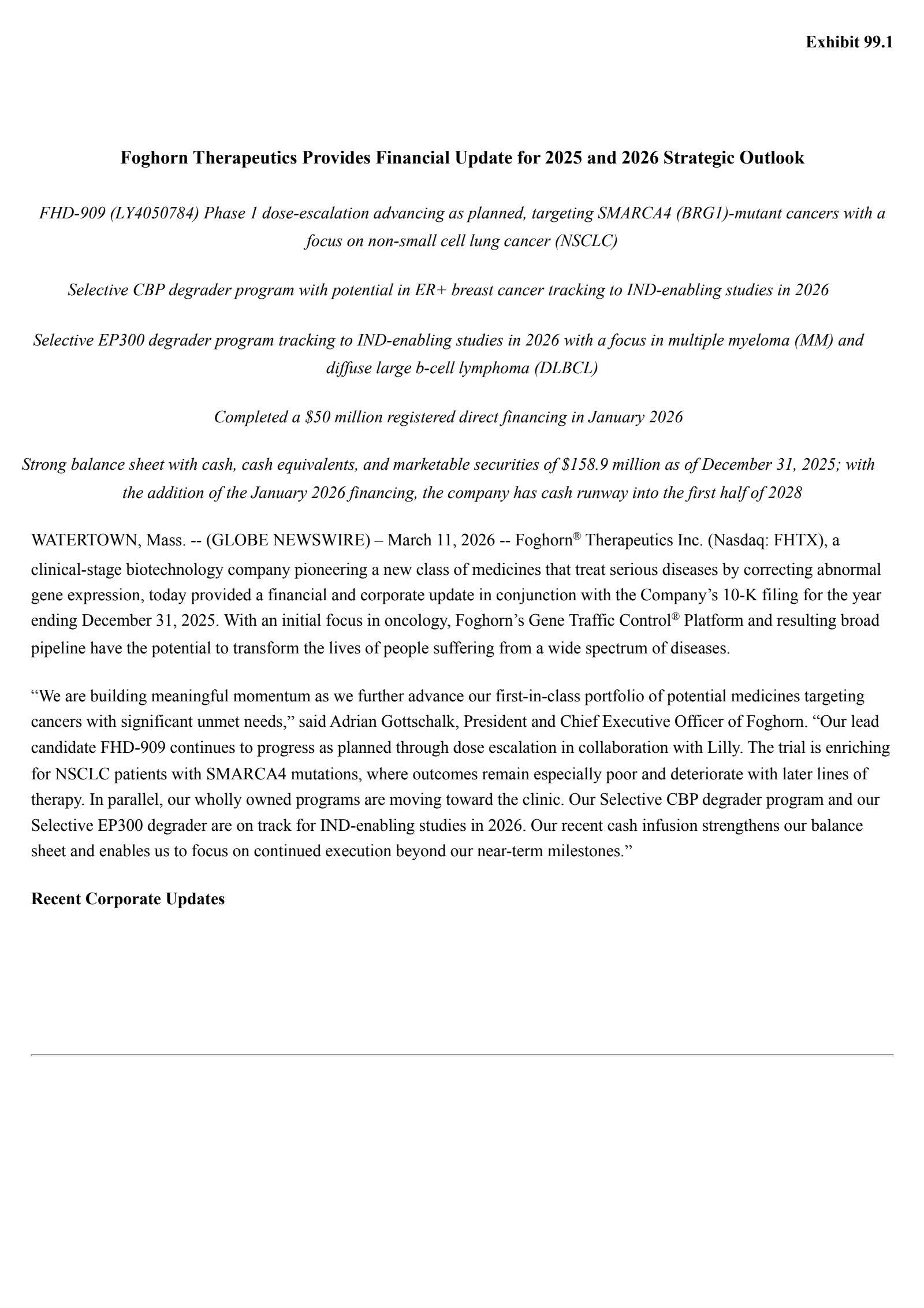 Foghorn Therapeutics' Q4 2025 Press Release