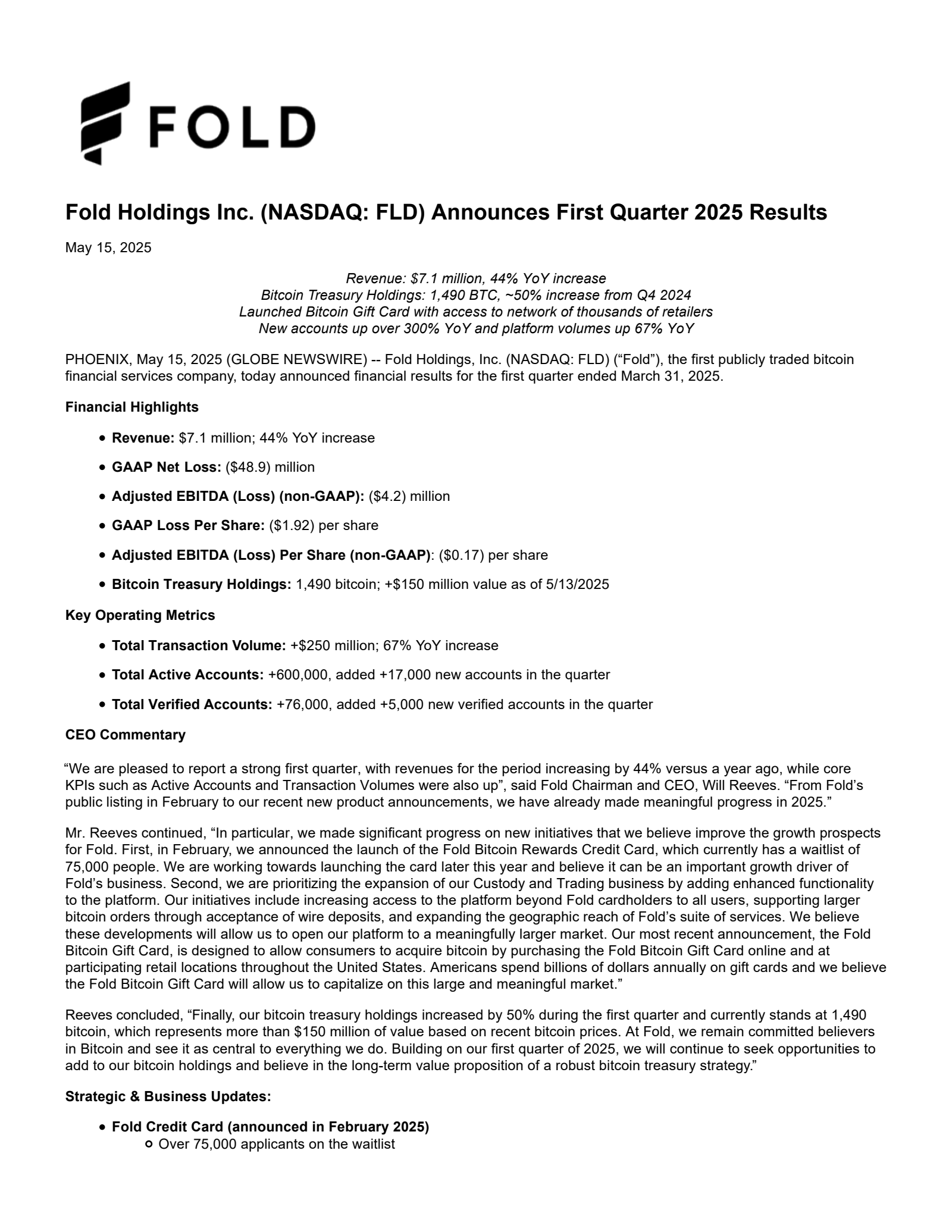 Fold's Q1 2025 Press Release