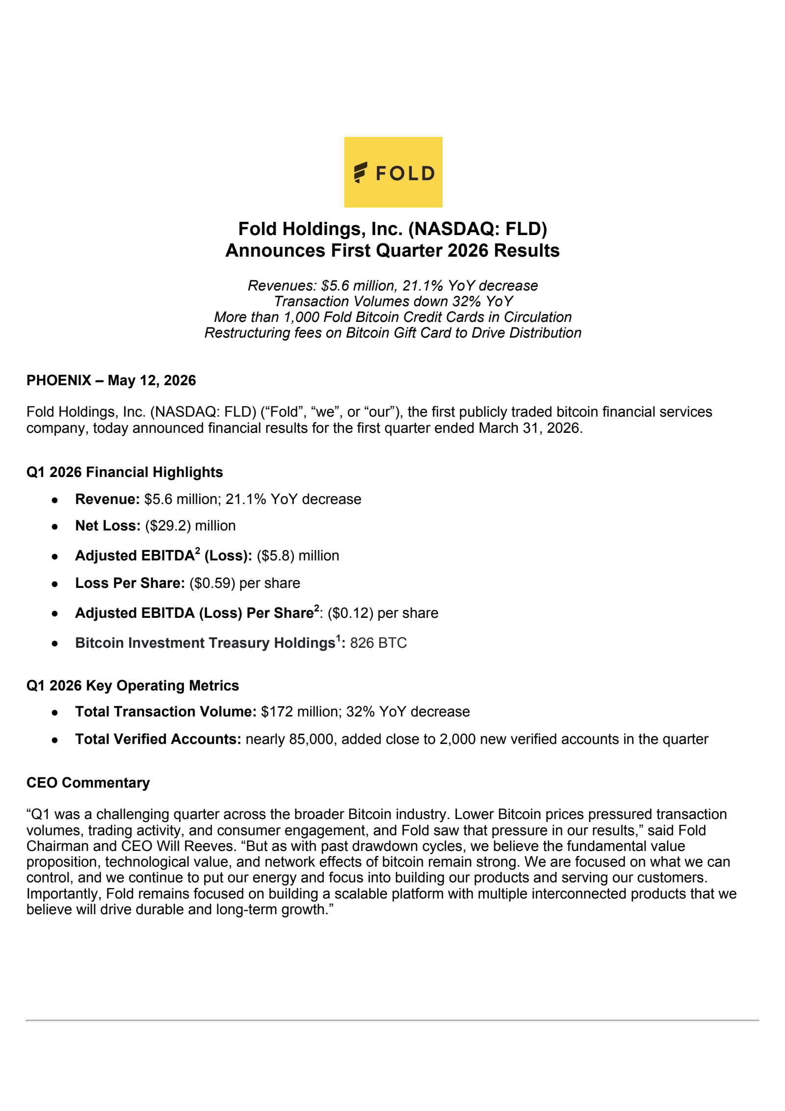 Fold's Q1 2026 Press Release
