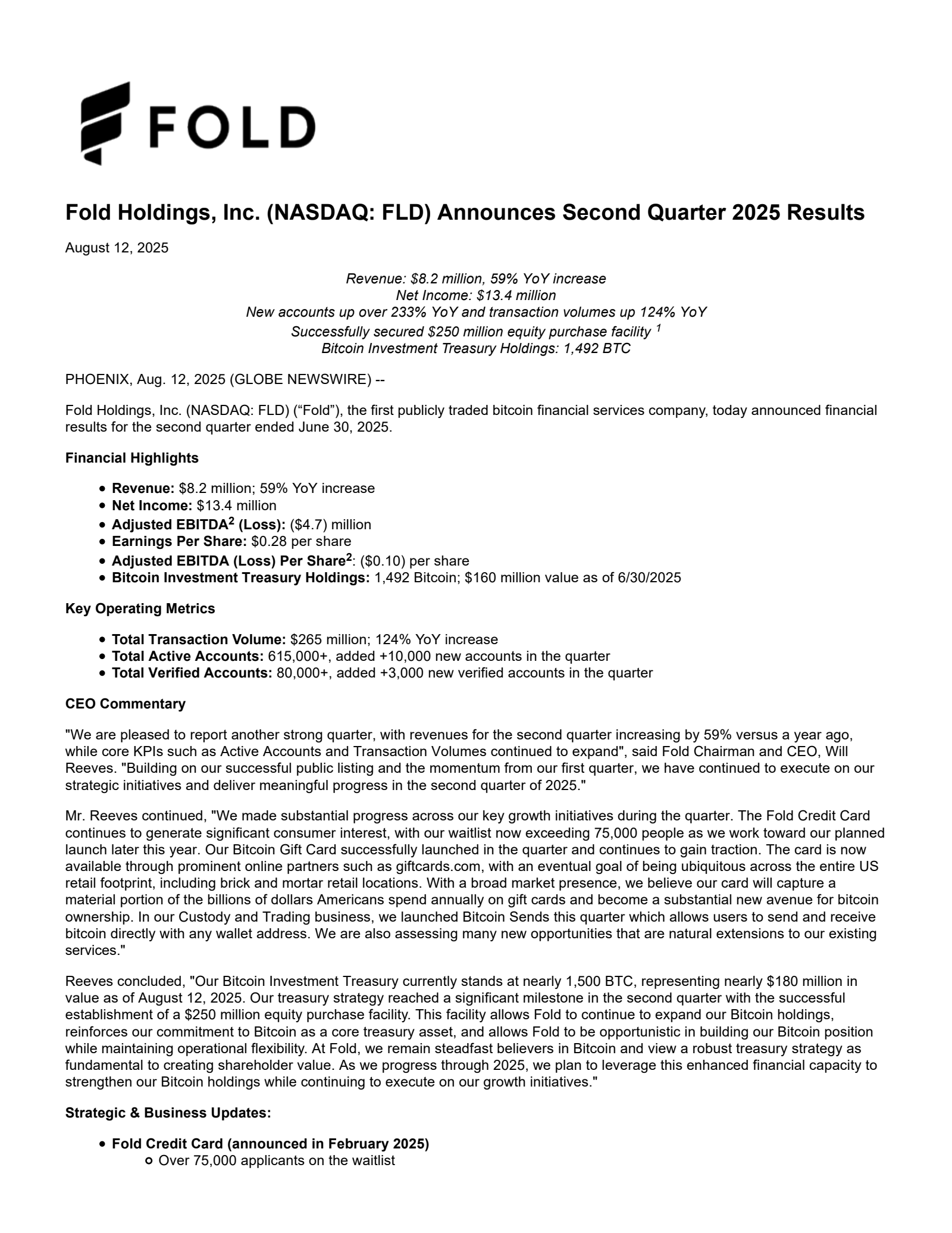 Fold's Q2 2025 Press Release