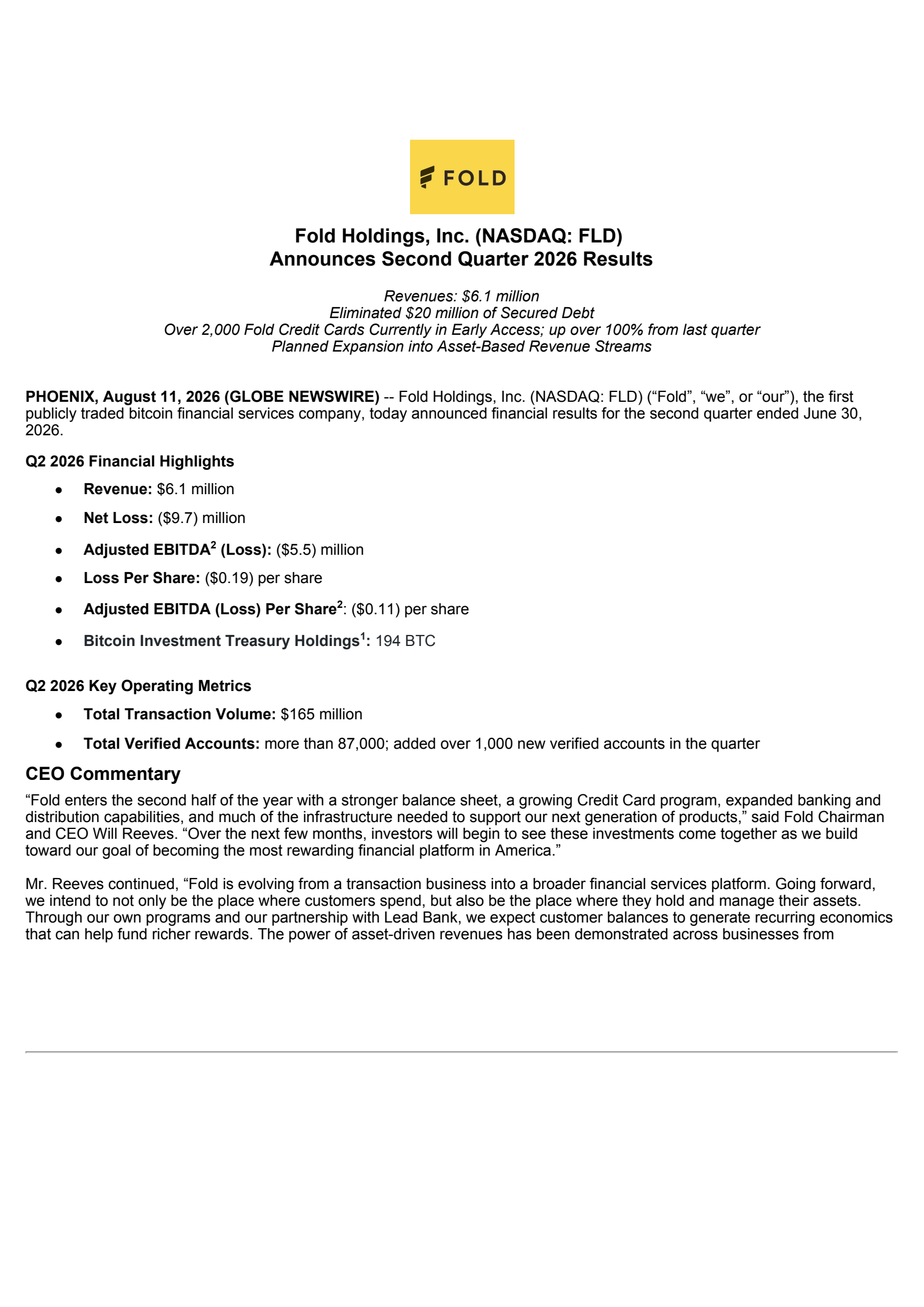 Fold's Q2 2026 Press Release