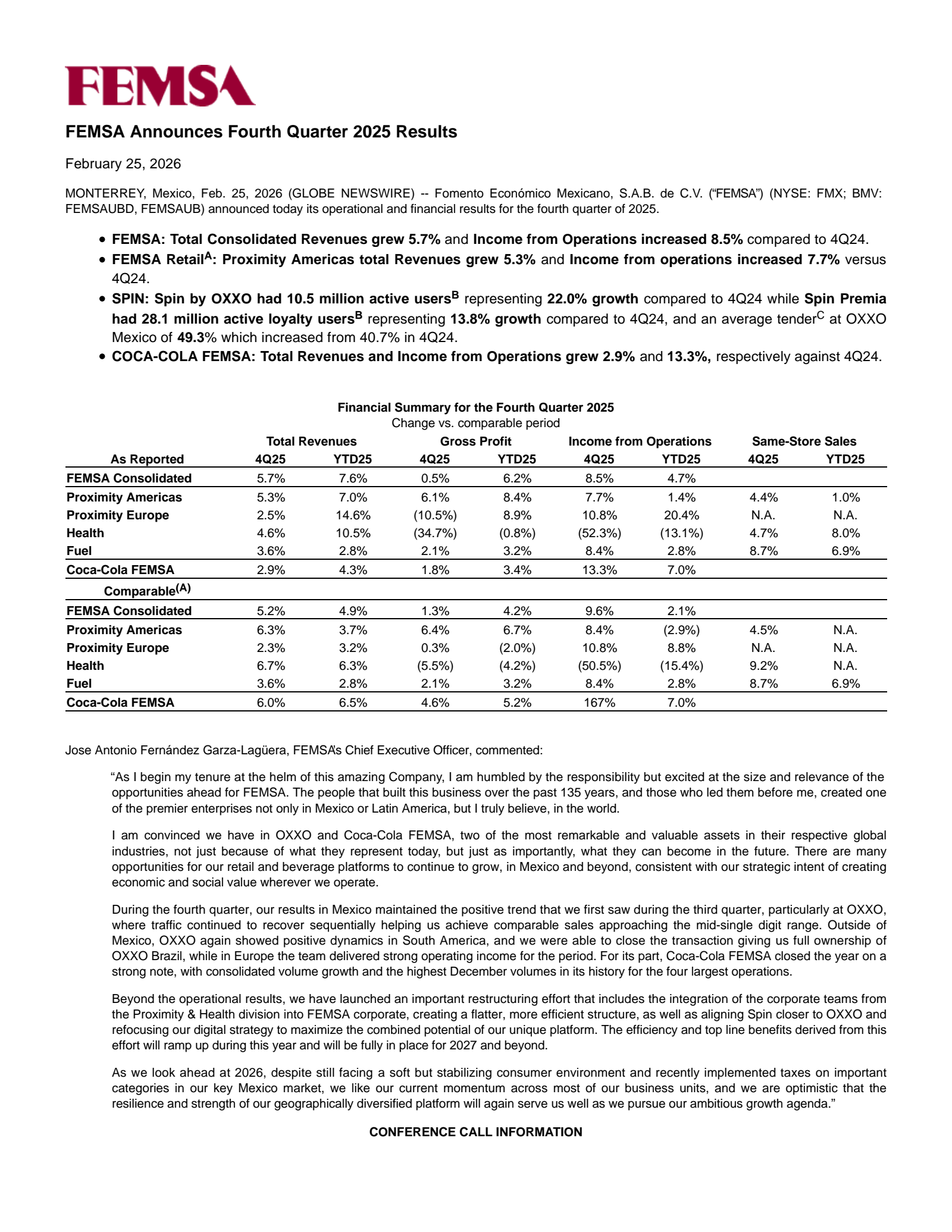 Fomento Economico Mexicano's Q4 2025 Press Release