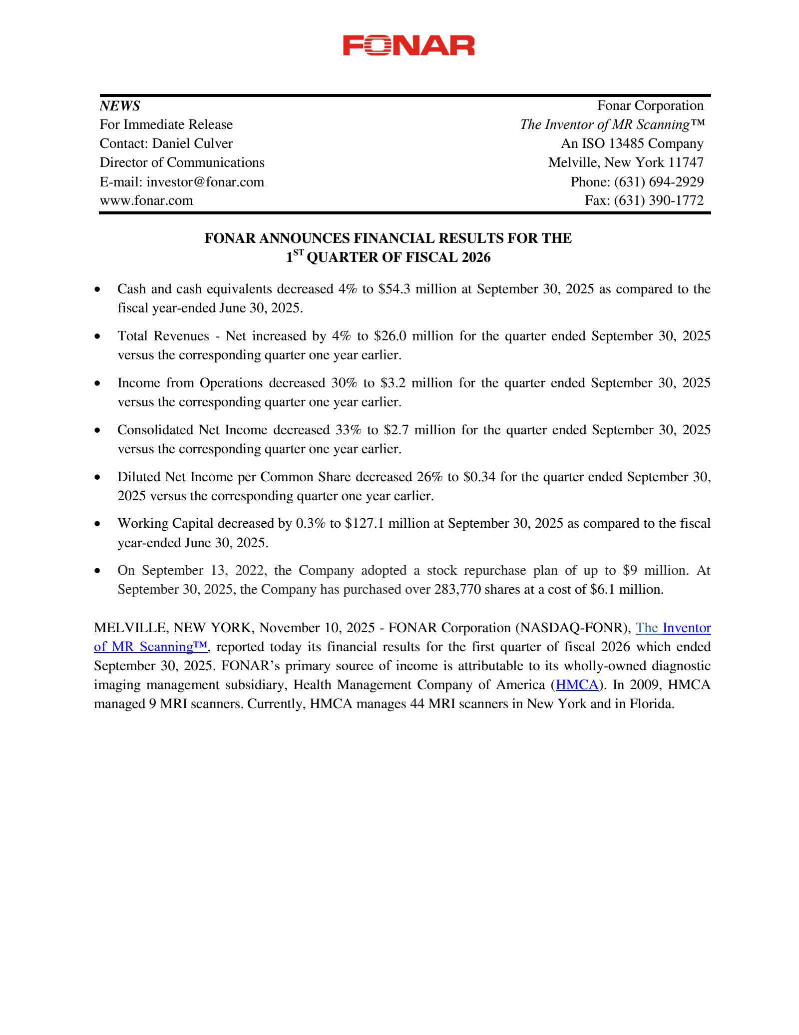 Fonar's Q1 2026 Earnings Release