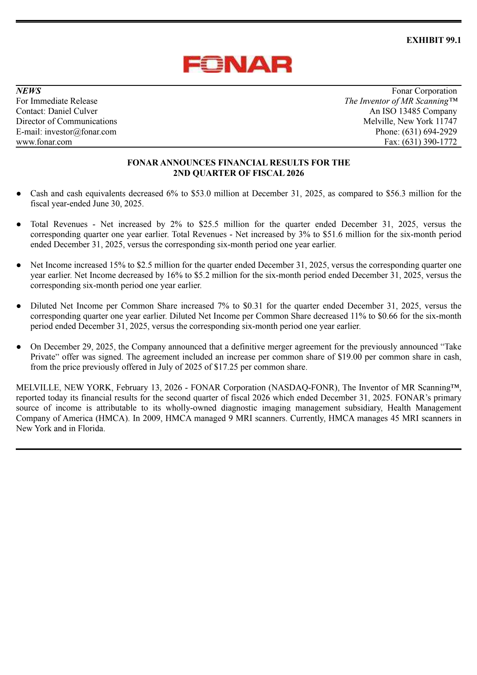 Fonar's Q2 2026 Press Release