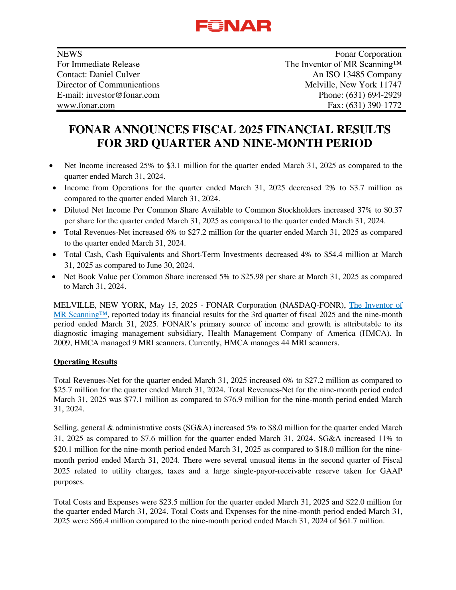 FONAR's Q3 2025 Press Release