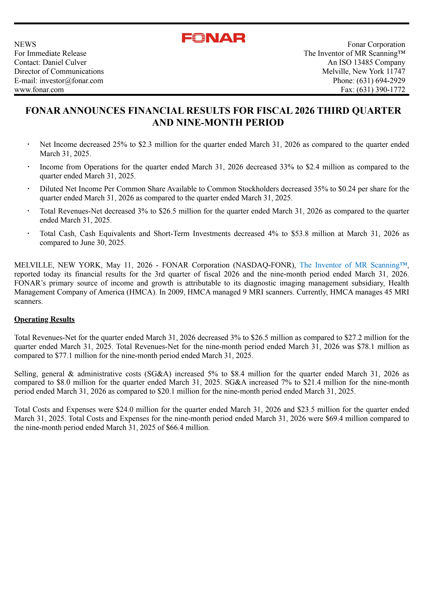 Fonar's Q3 2026 Press Release