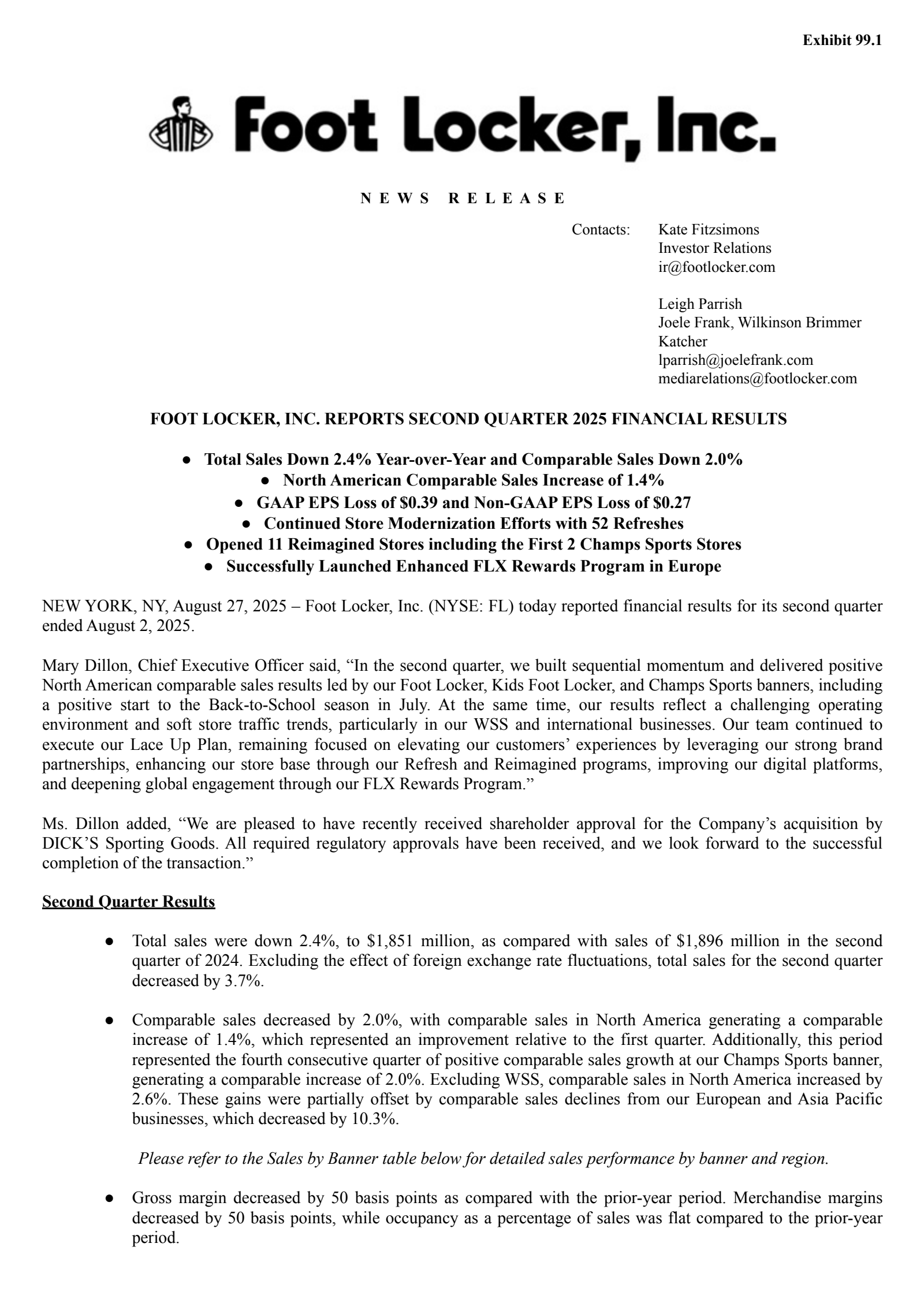 Foot Locker's Q2 2026 Press Release