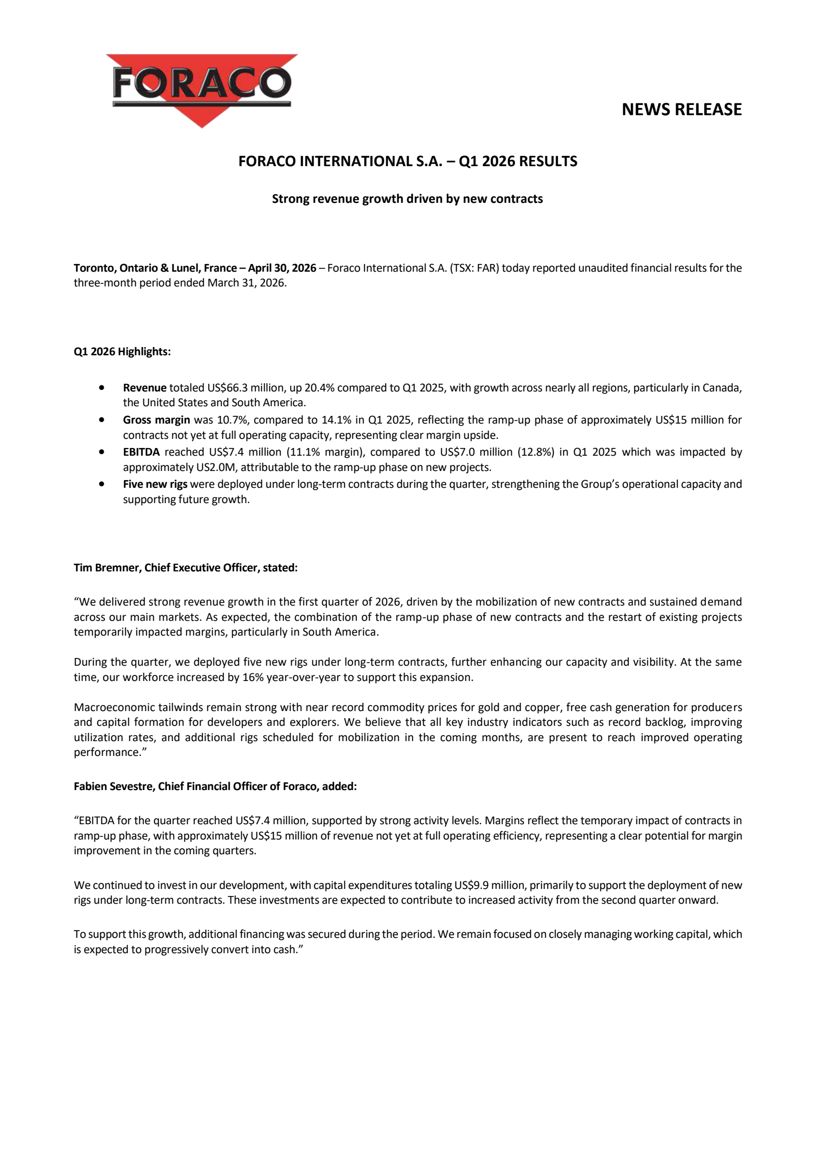 Foraco International's Q1 2026 Press Release