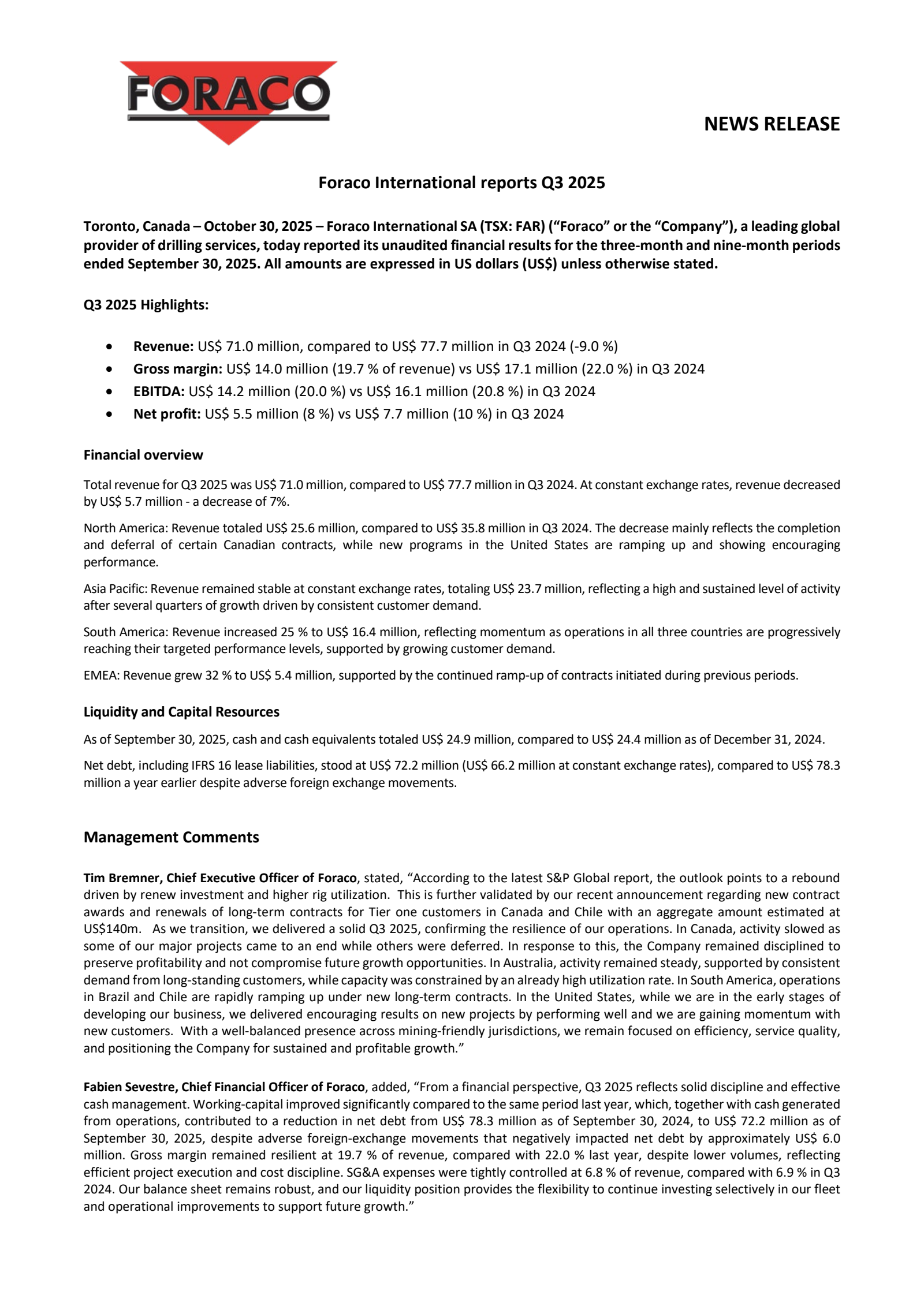 Foraco International's Q3 2025 Earnings Release