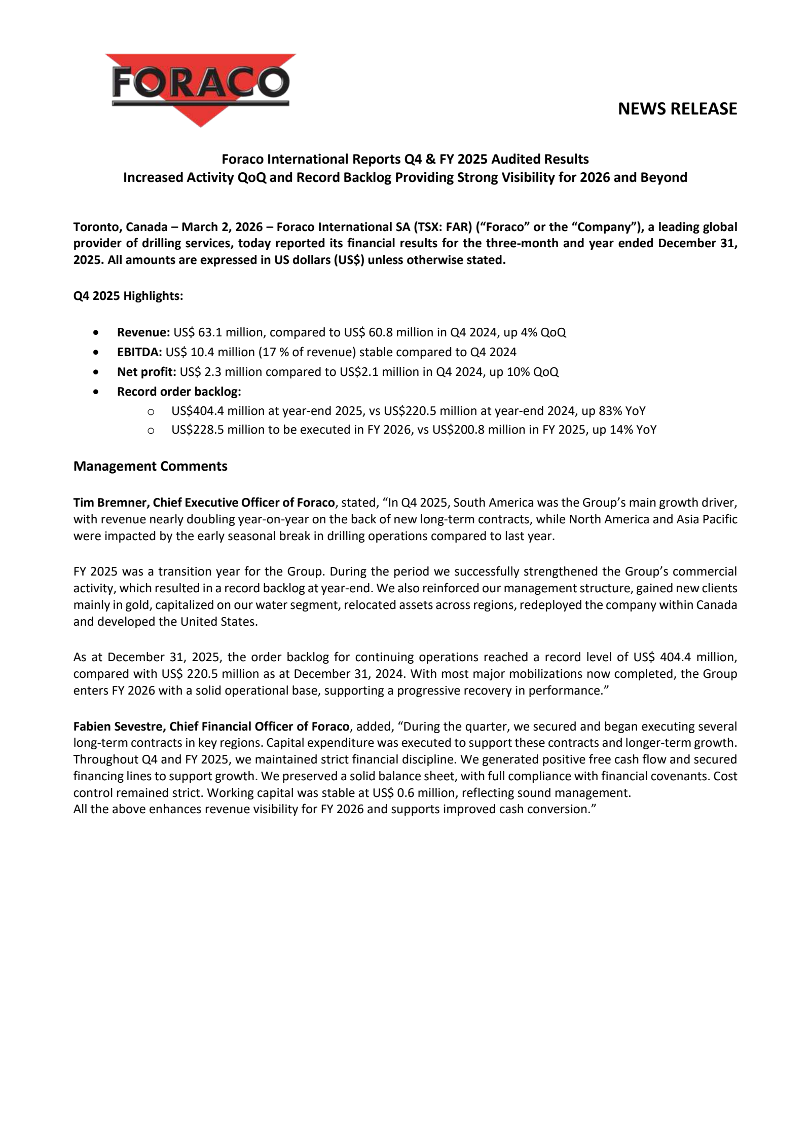 Foraco International's Q4 2025 Press Release