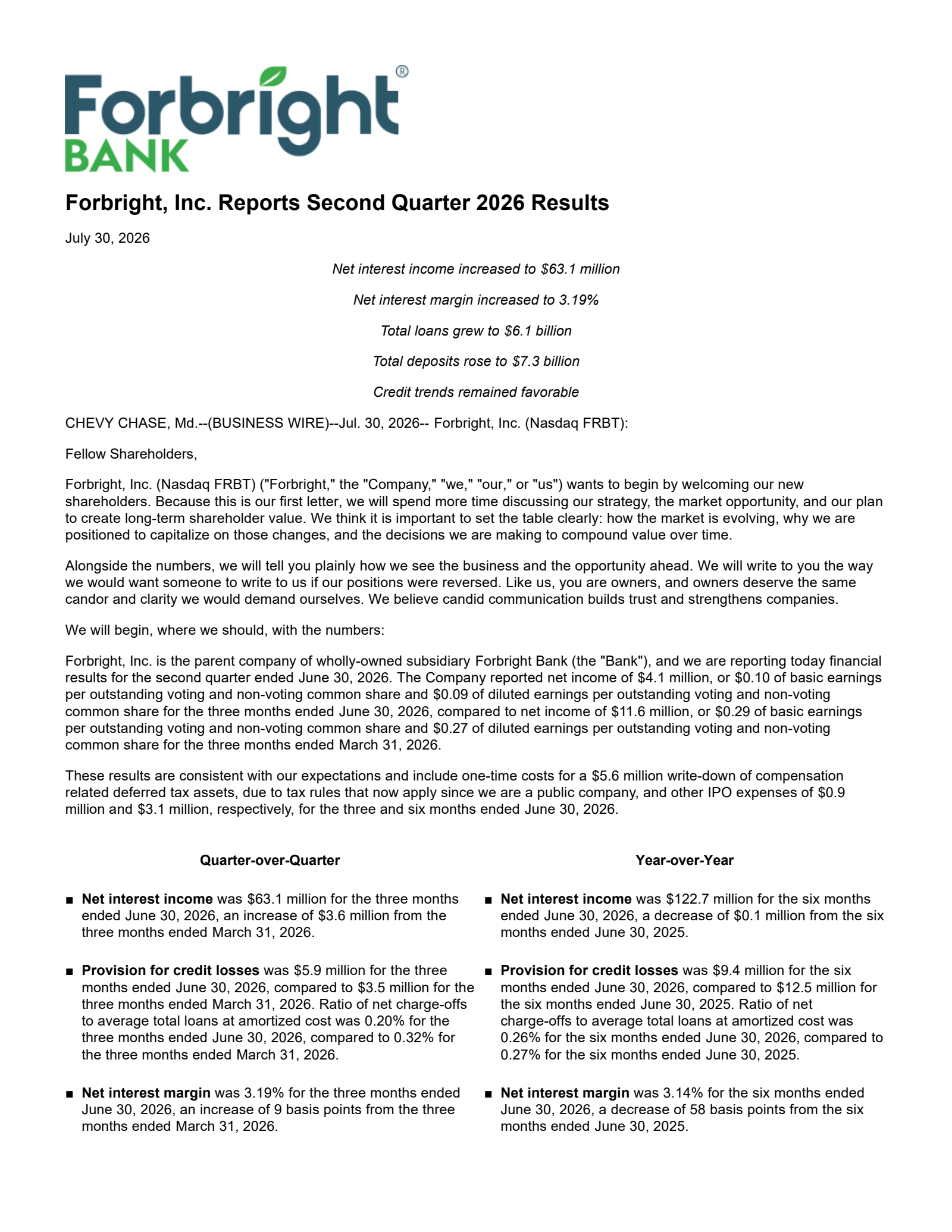 Forbright's Q2 2026 Press Release