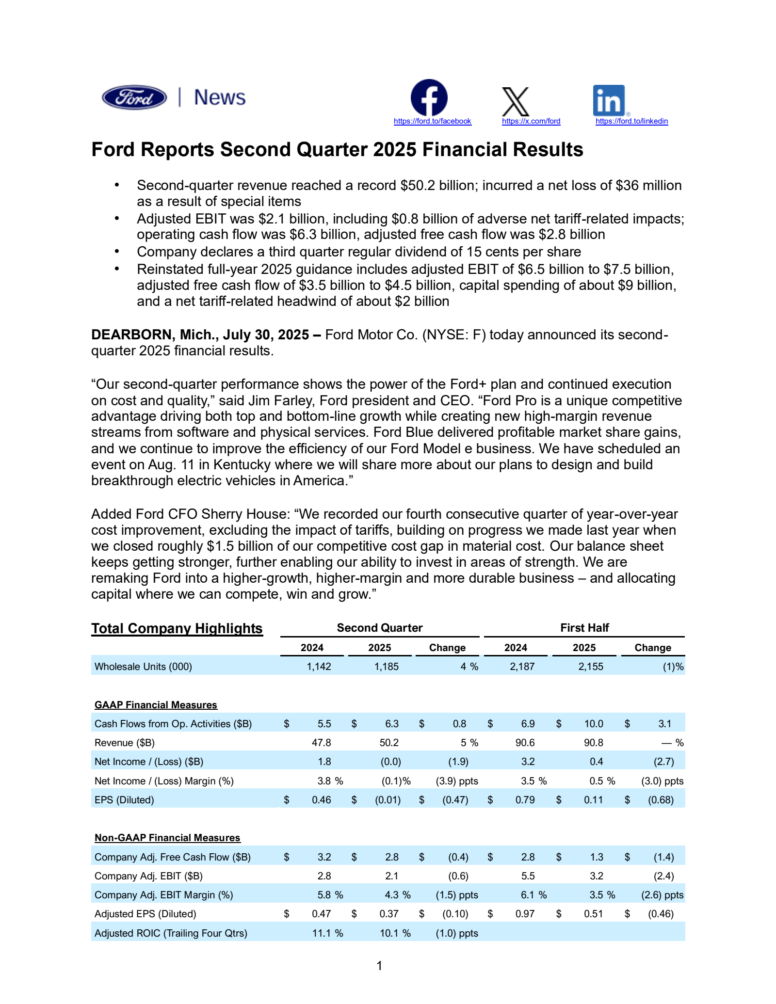 Ford Motor's Q2 2025 Press Release