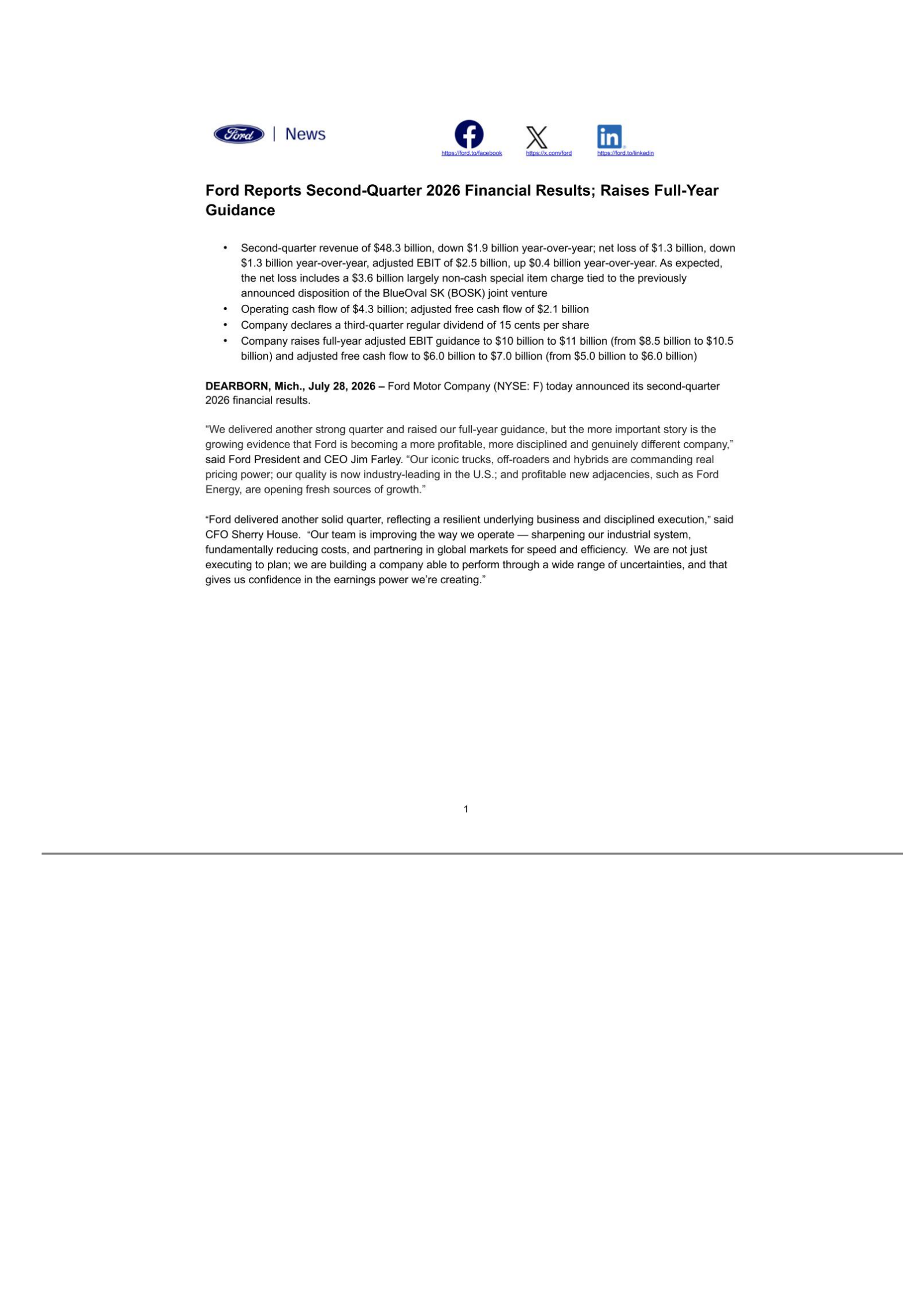Ford Motor's Q2 2026 Press Release