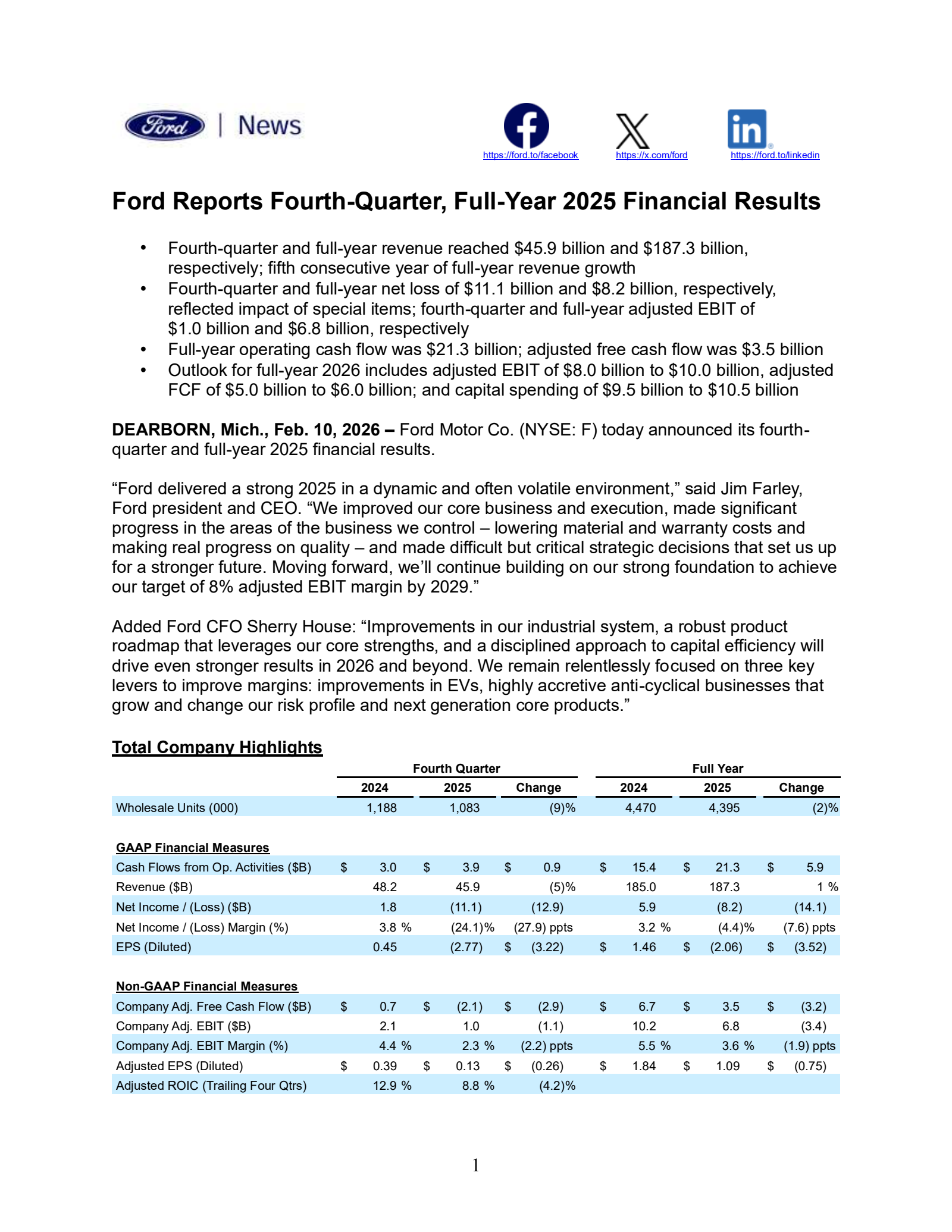 Ford Motor's Q4 2025 Press Release