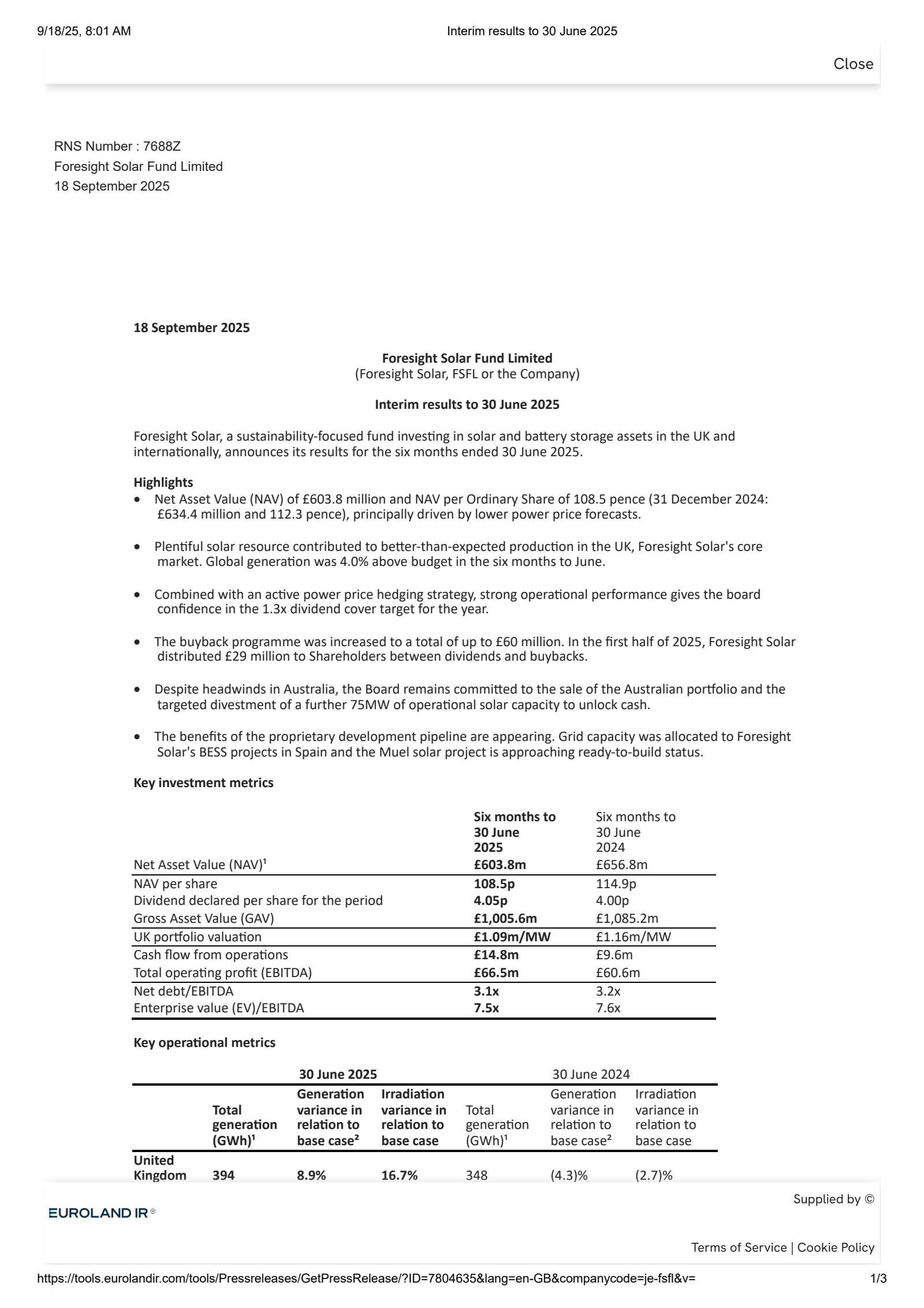Foresight Solar's H1 2025 Interim Report