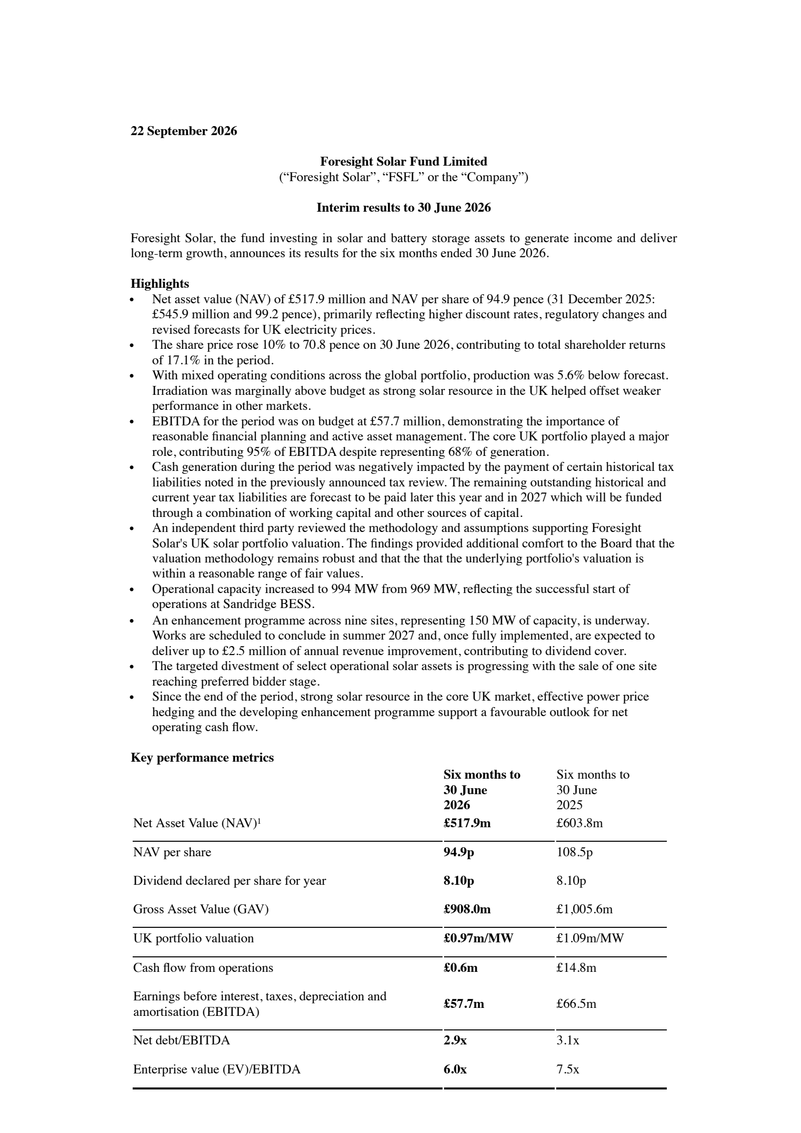 Foresight Solar's H1 2026 Press Release