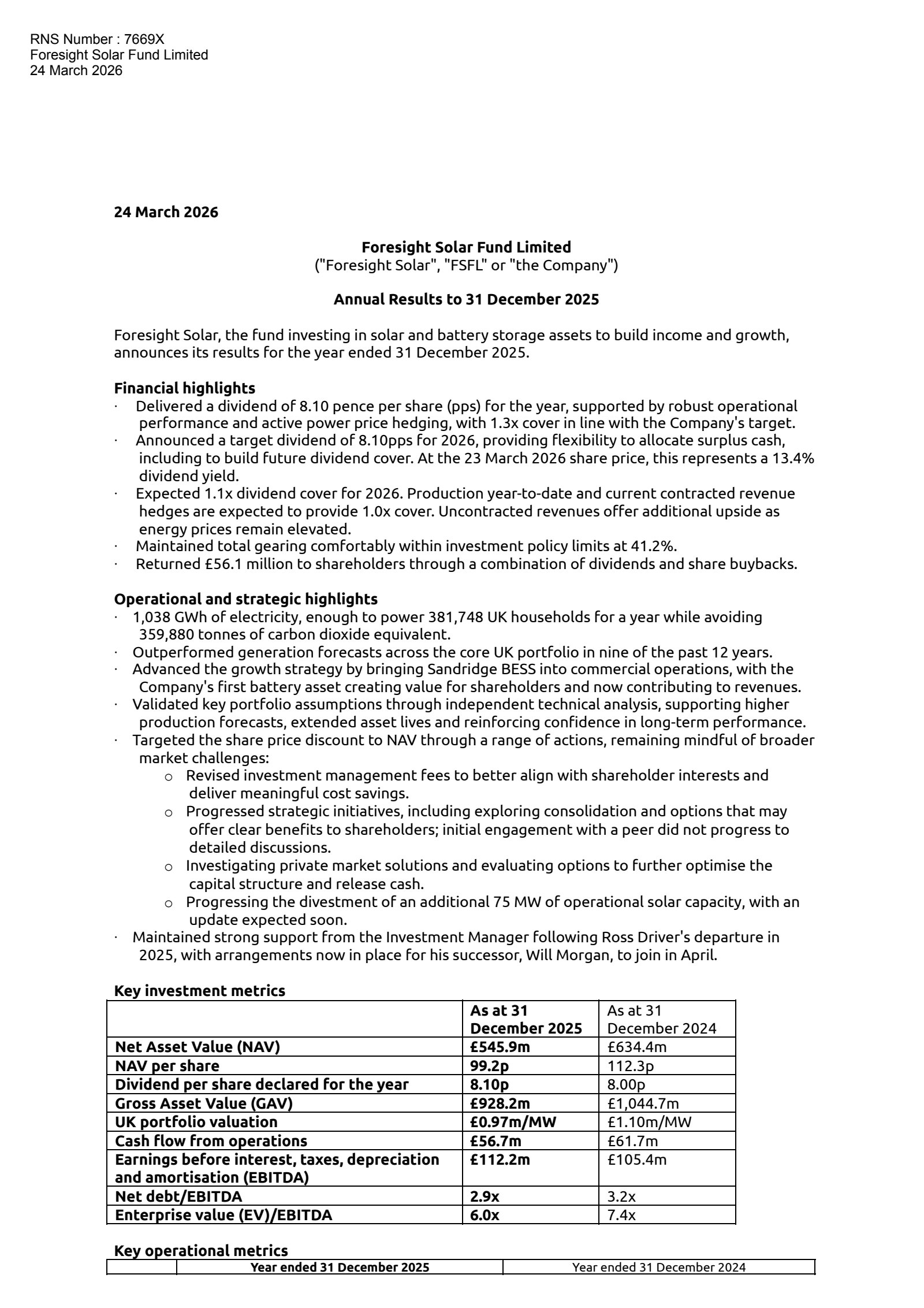 Foresight Solar's H2 2025 Press Release