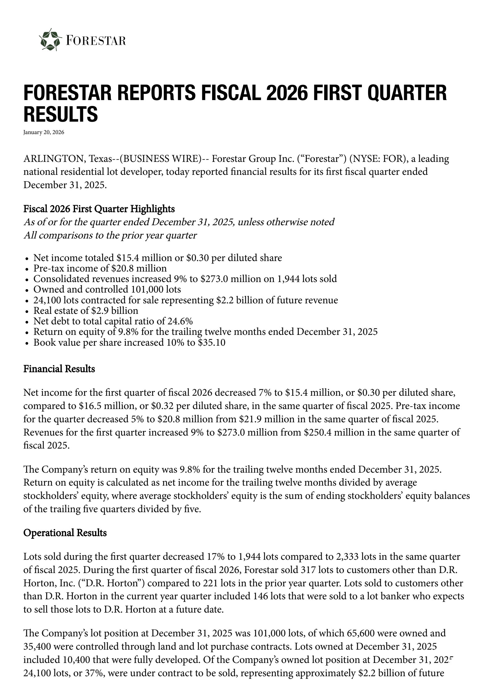 Forestar Group's Q1 2026 Press Release