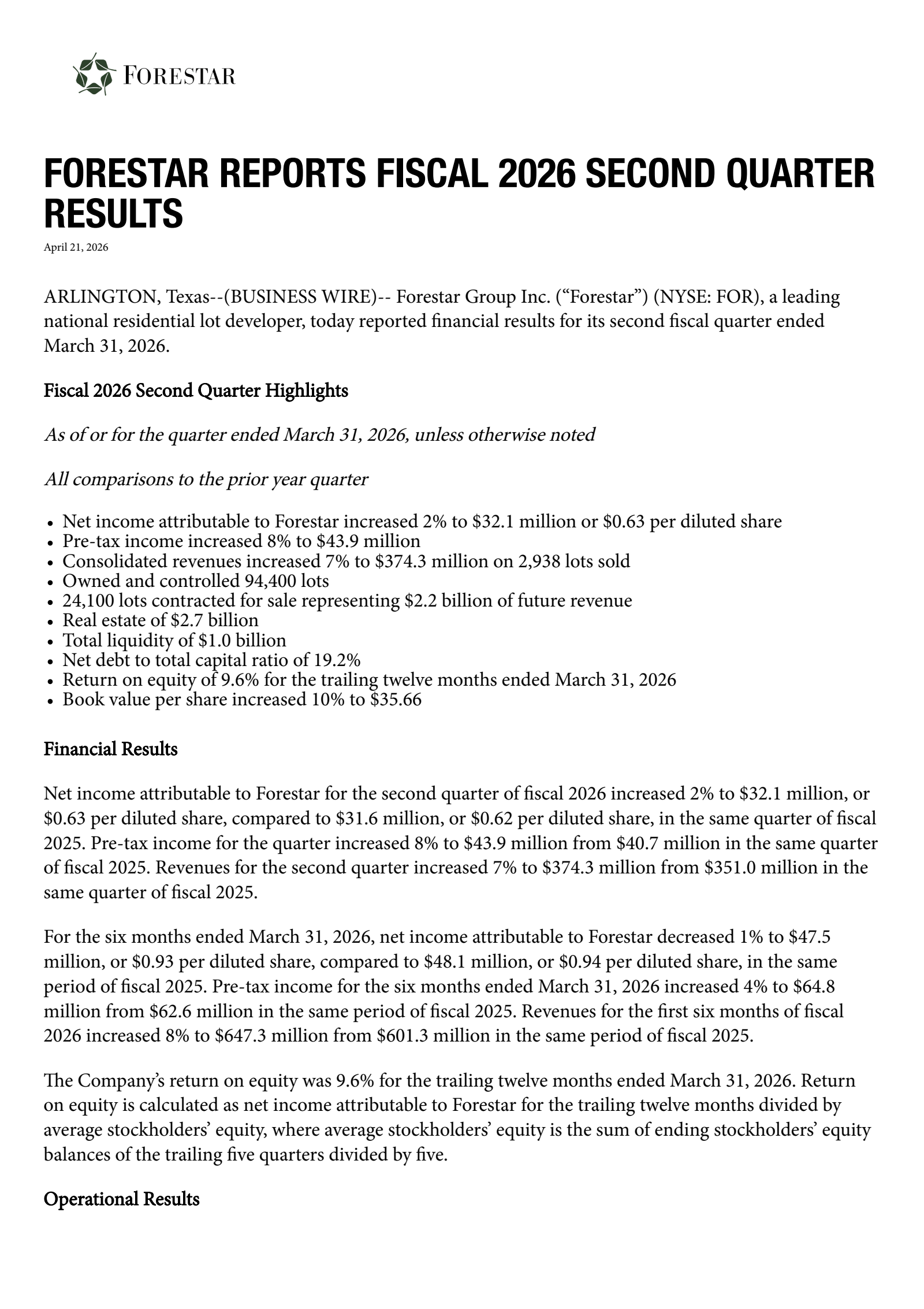 Forestar Group's Q2 2026 Press Release