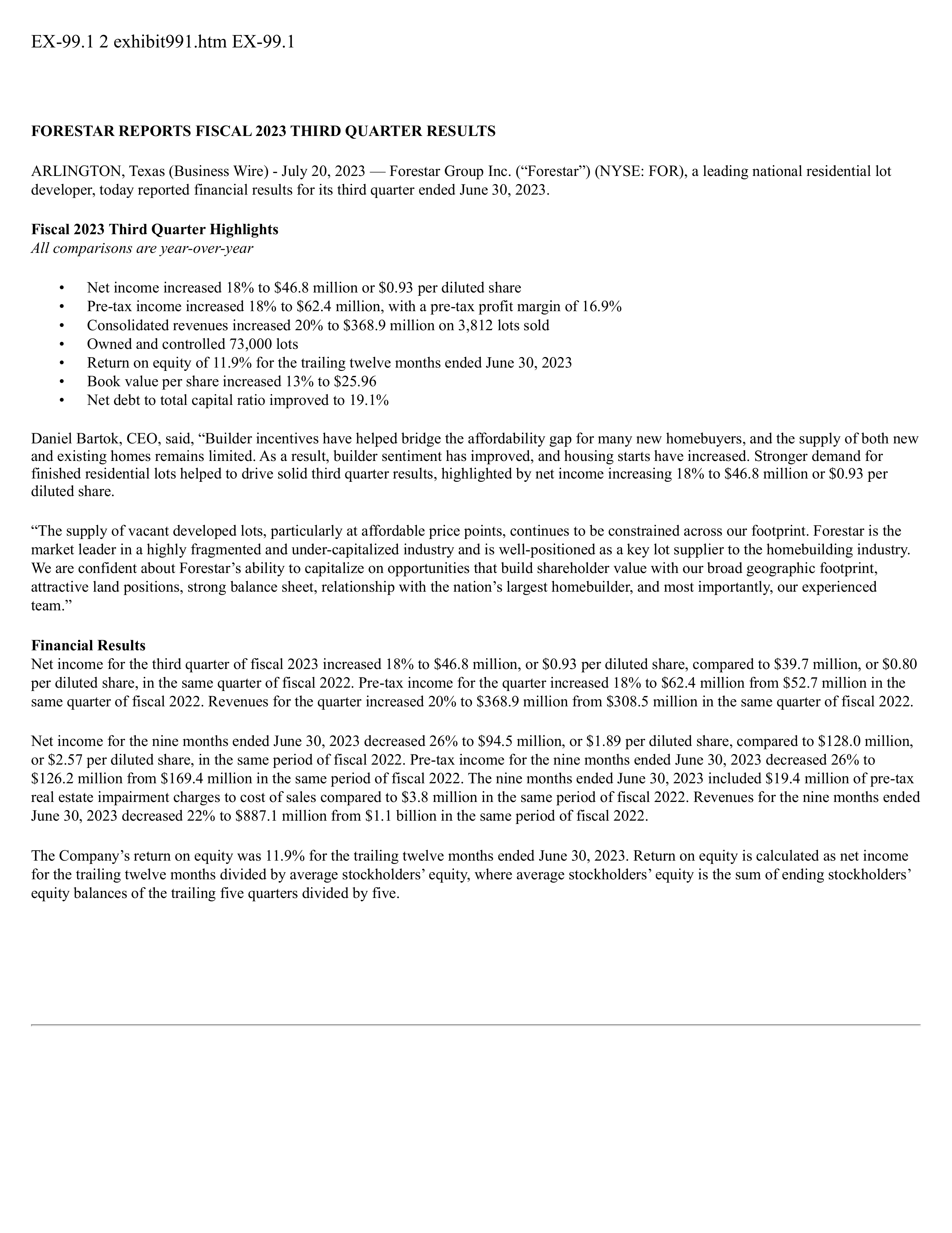 Forestar Group's Q3 2023 Press Release