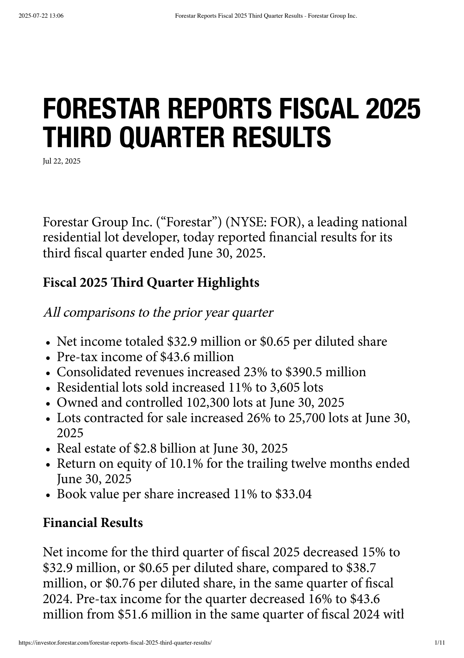 Forestar Group's Q3 2025 Press Release