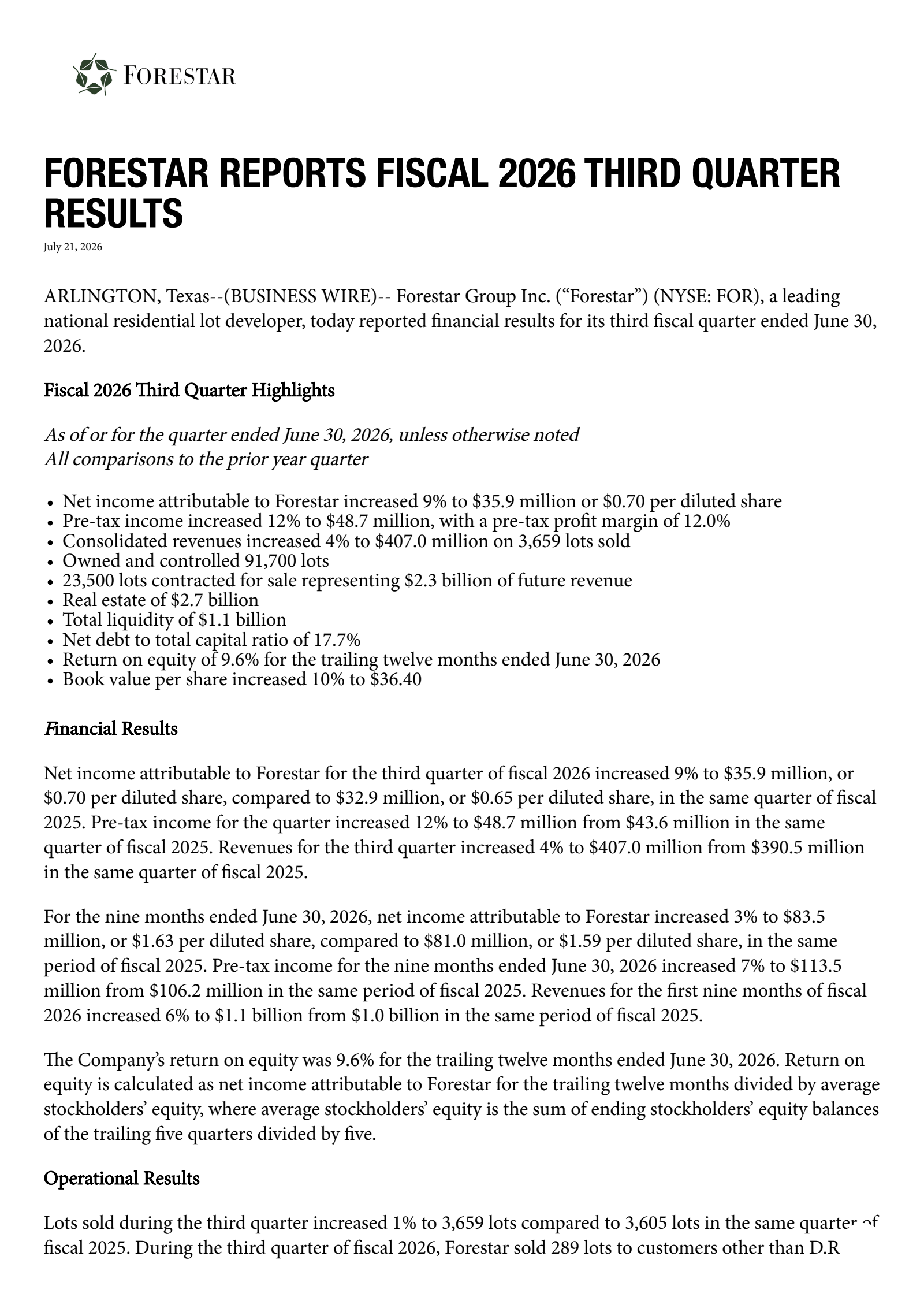 Forestar Group's Q3 2026 Press Release