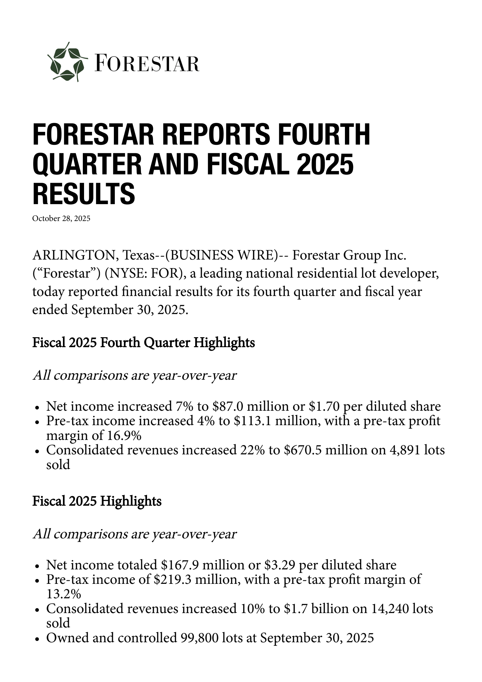 Forestar Group's Q4 2025 Earnings Release