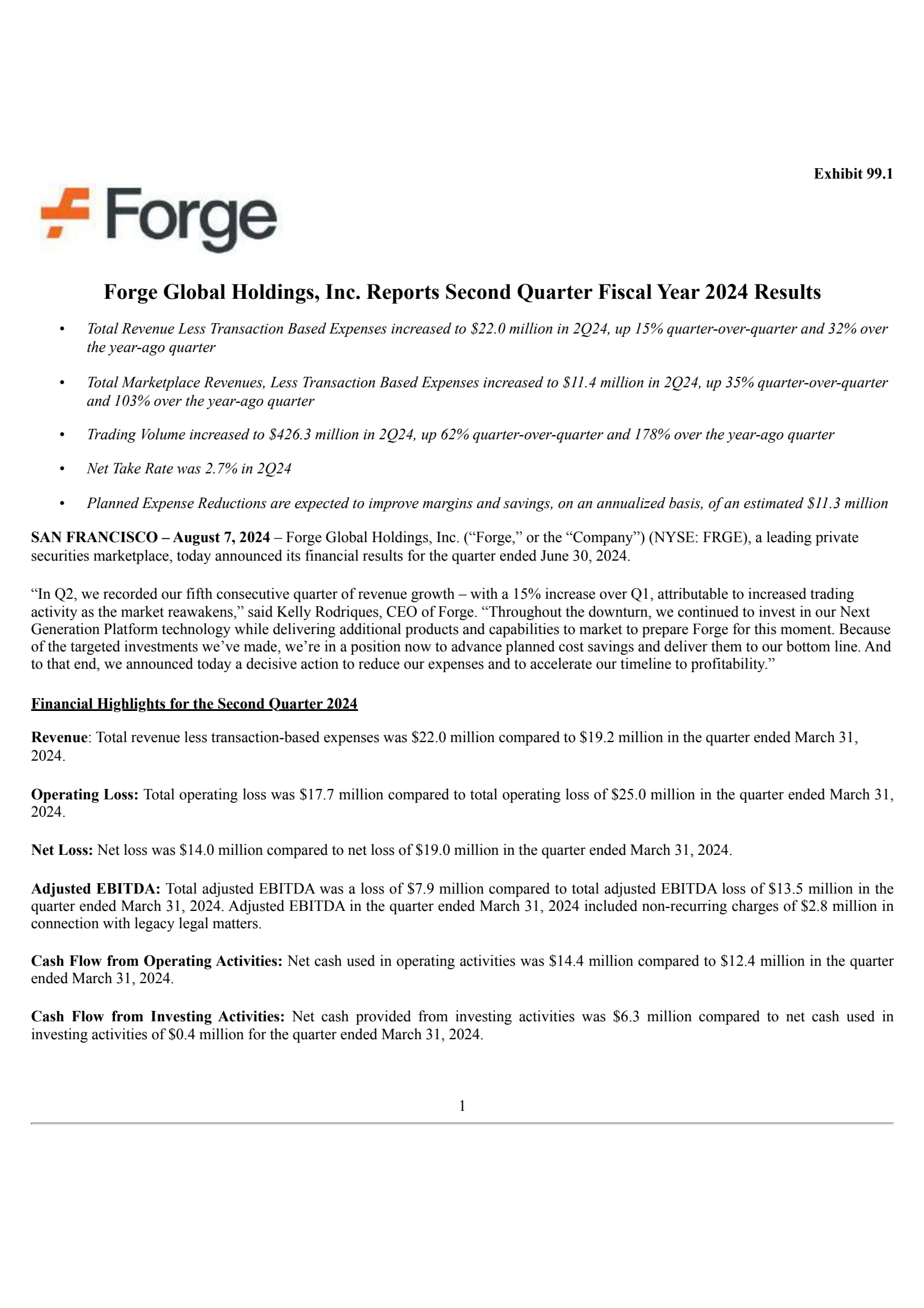Forge Global's Q2 2024 Press Release