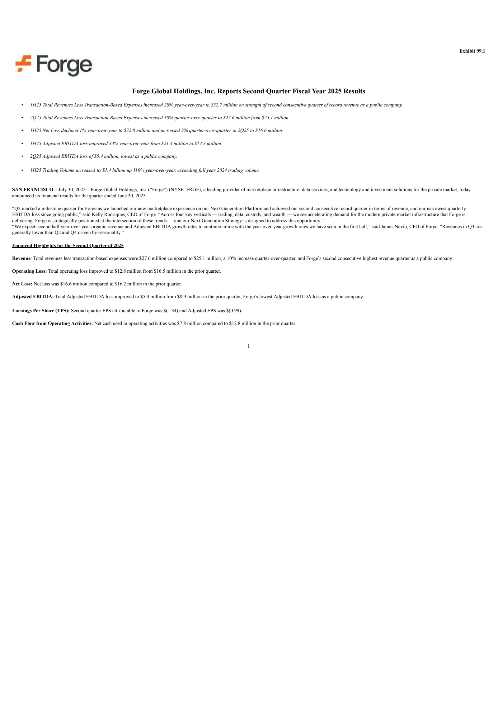 Forge Global's Q2 2025 Press Release