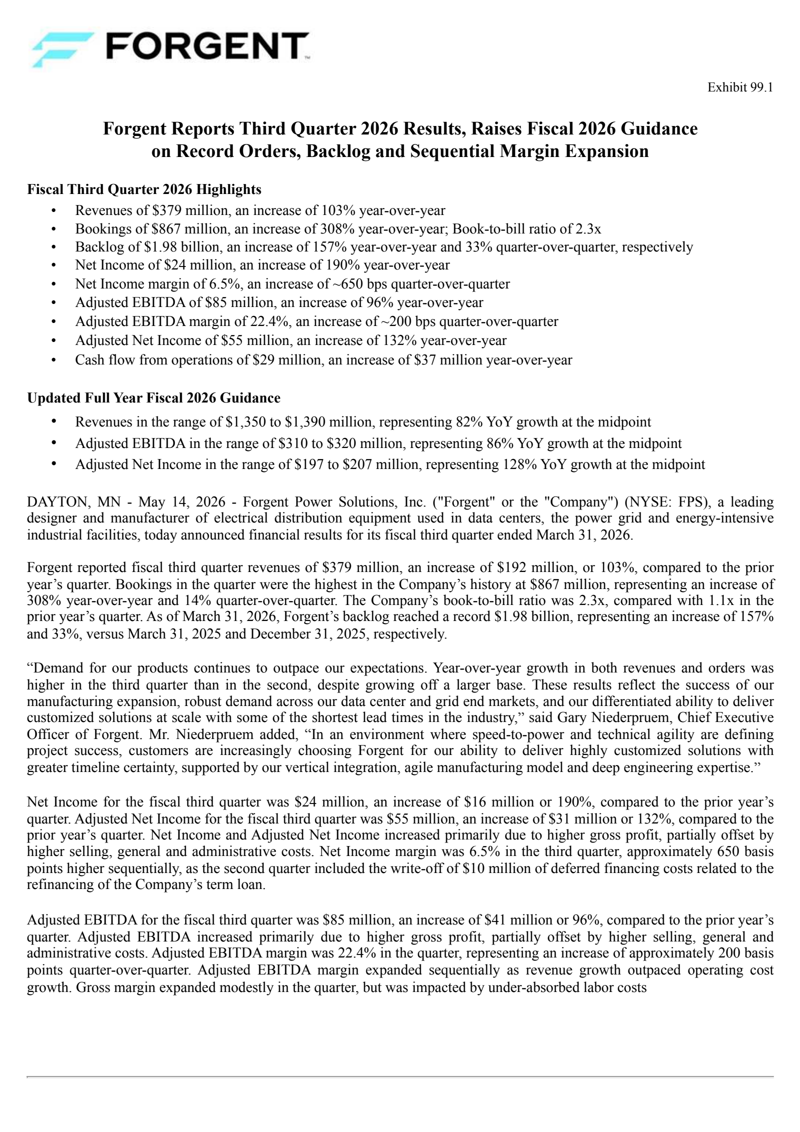 Forgent Power Solutions' Q3 2026 Press Release
