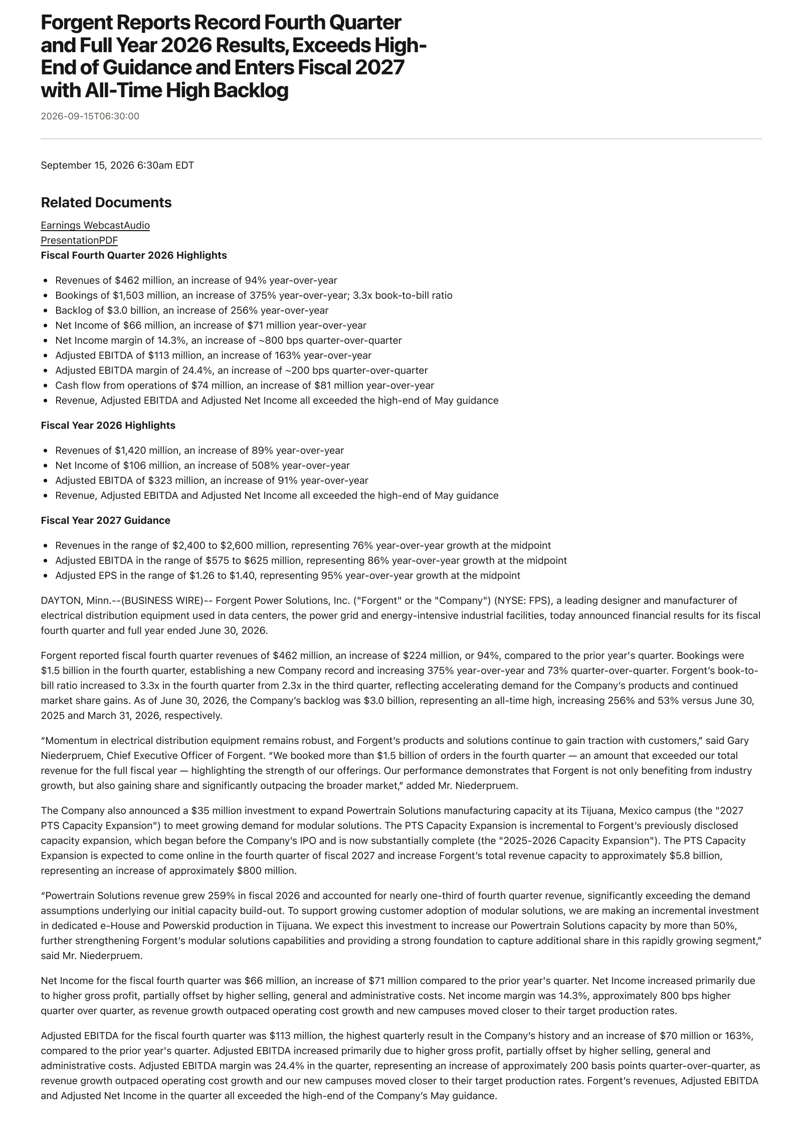Forgent Power Solutions' Q4 2026 Press Release