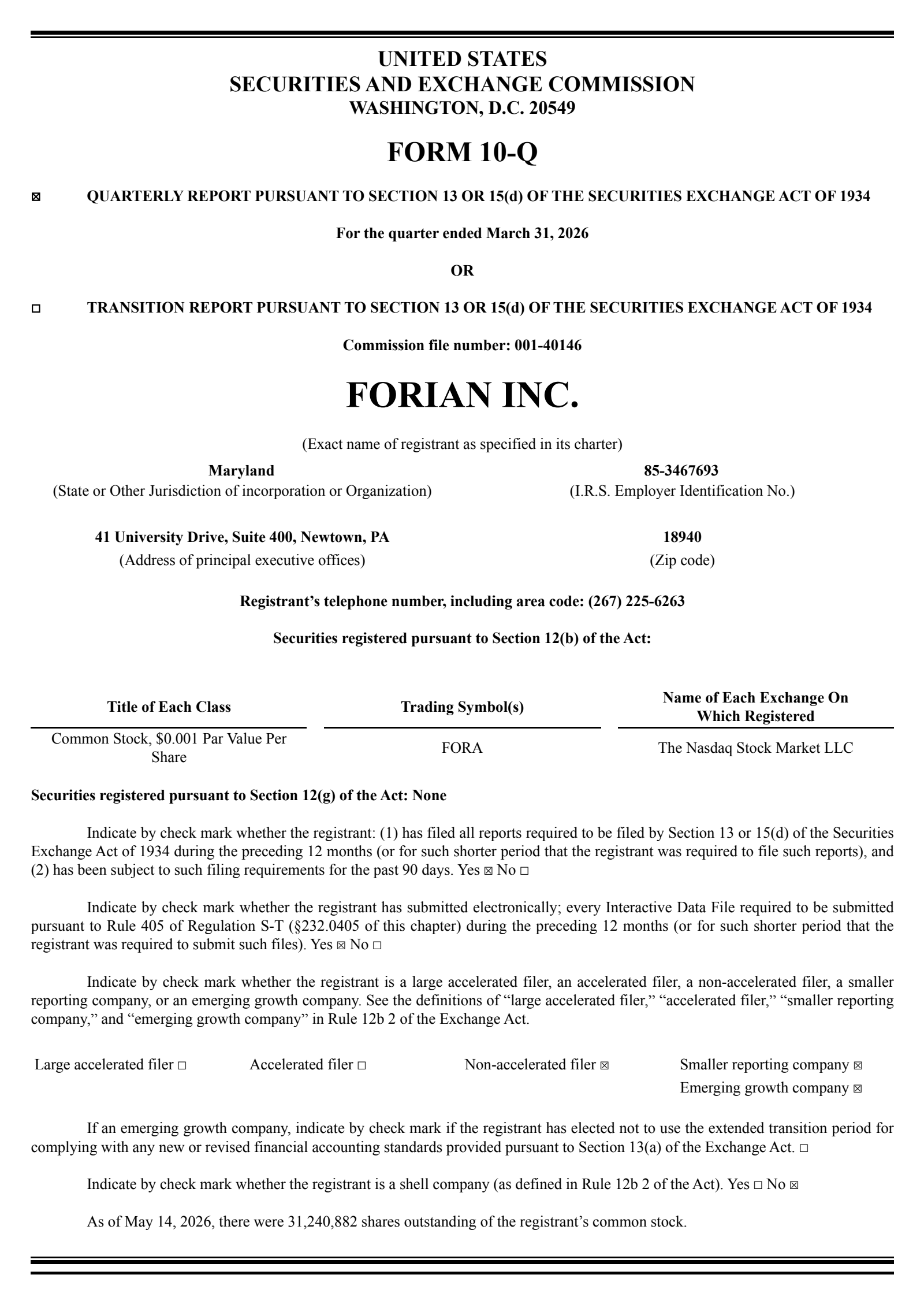 Forian's Q1 2026 Quarterly report