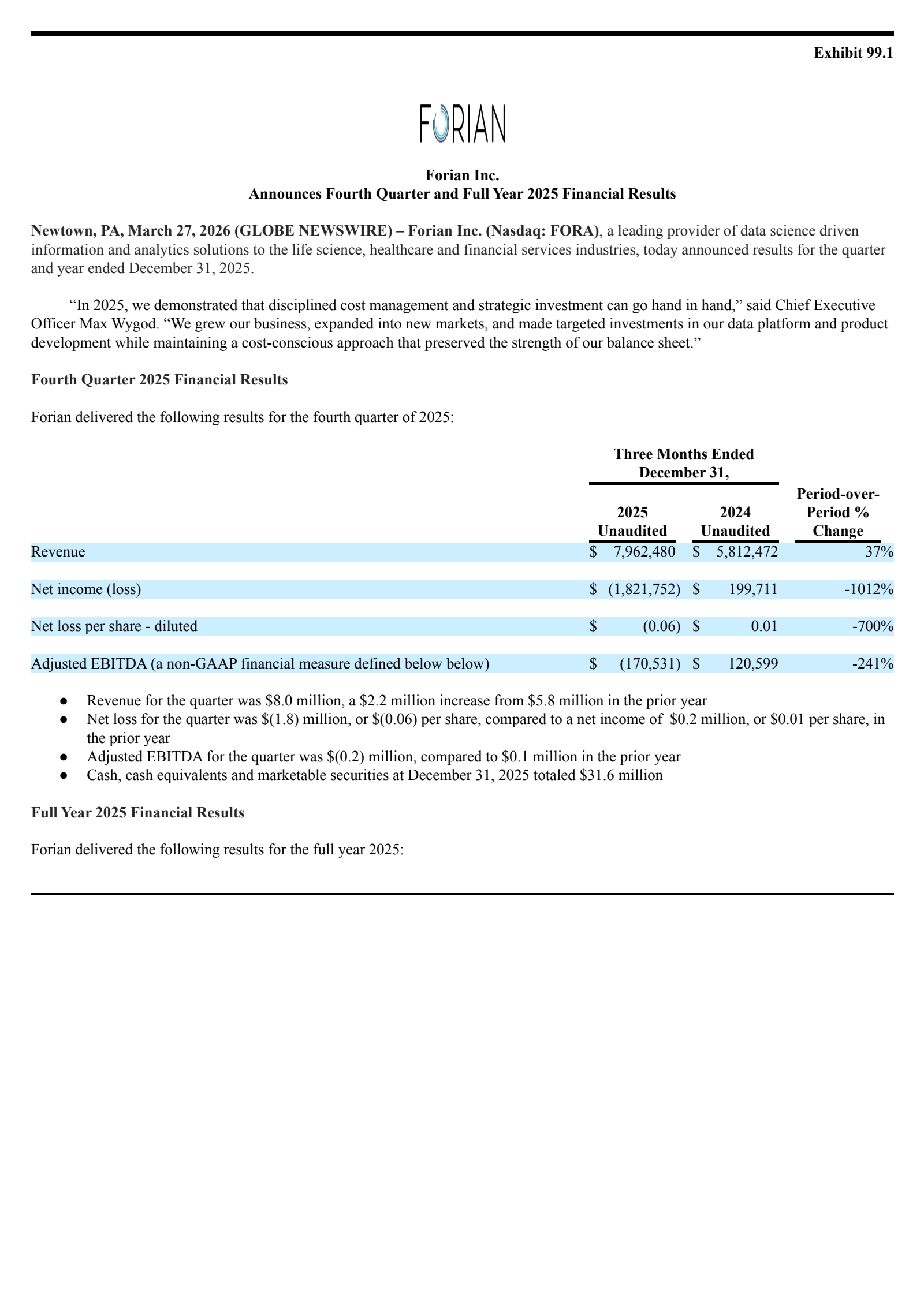 Forian's Q4 2025 Press Release