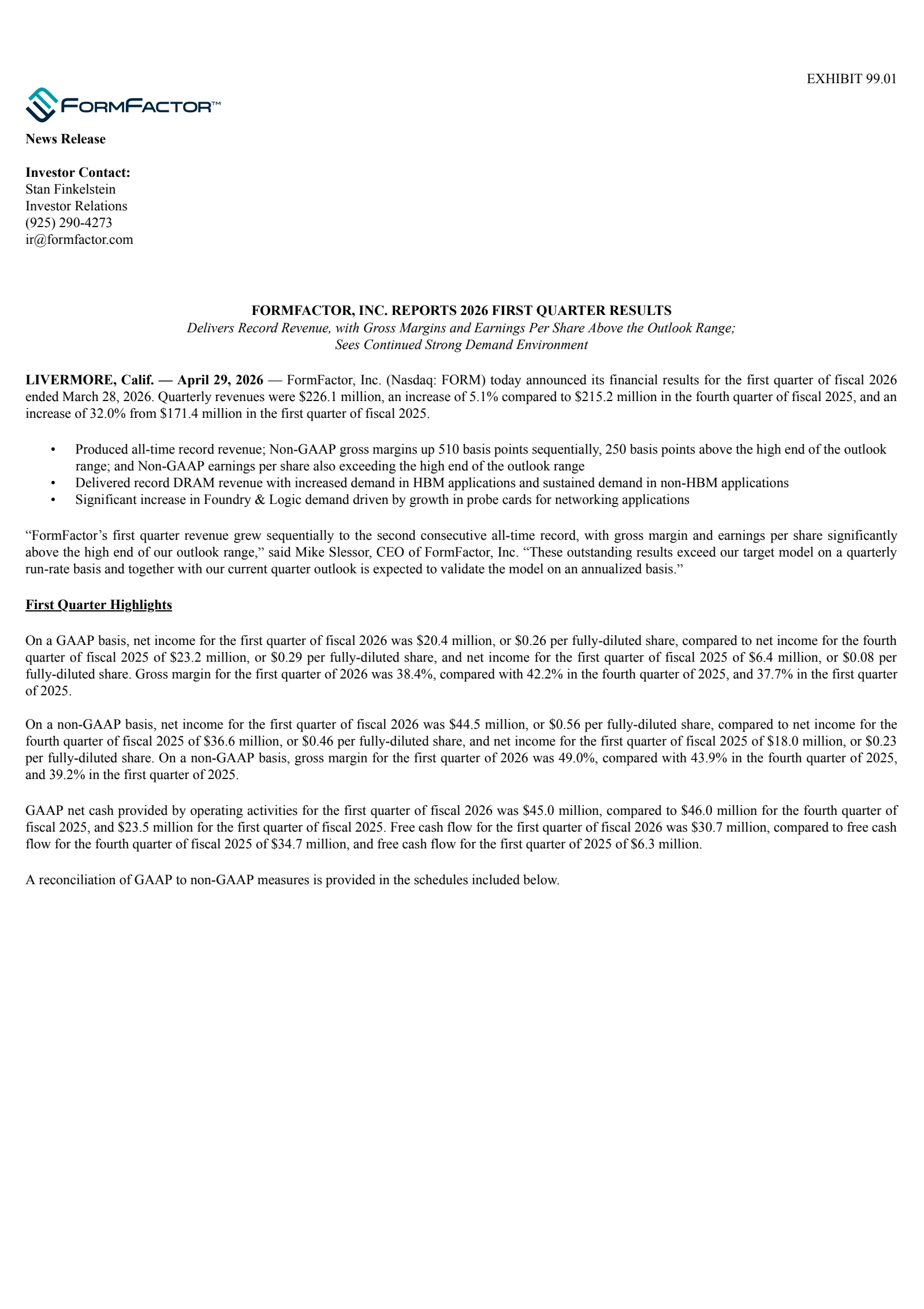 FormFactor's Q1 2026 Press Release