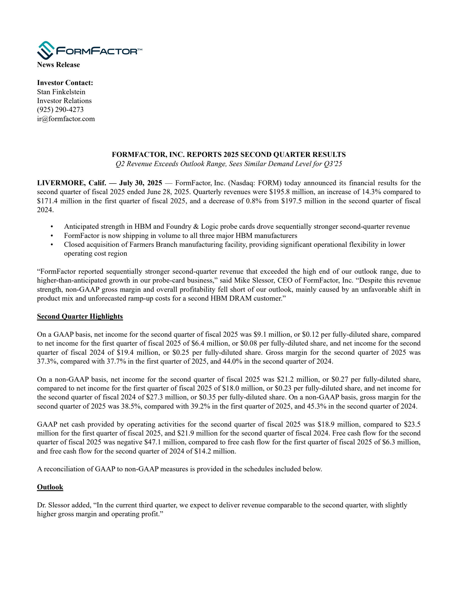 FormFactor's Q2 2025 Press Release