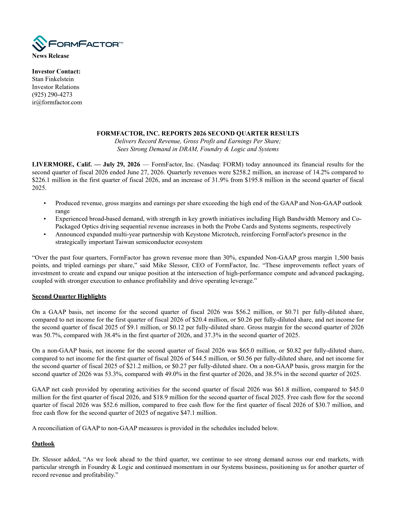 FormFactor's Q2 2026 Press Release