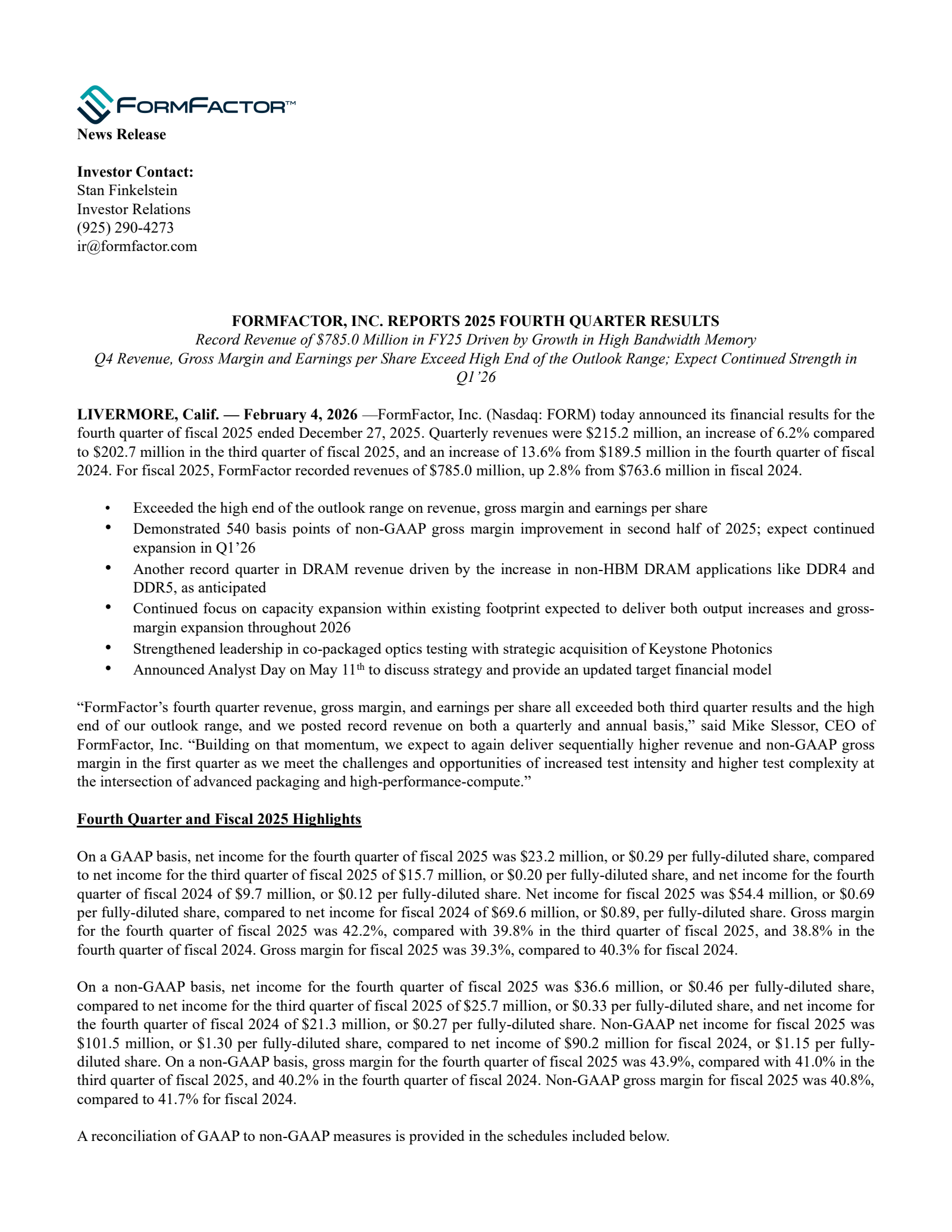 FormFactor's Q4 2025 Press Release