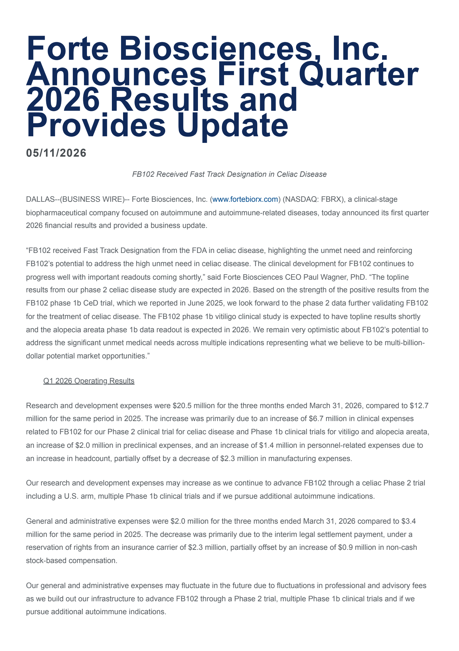 Forte Biosciences' Q1 2026 Press Release