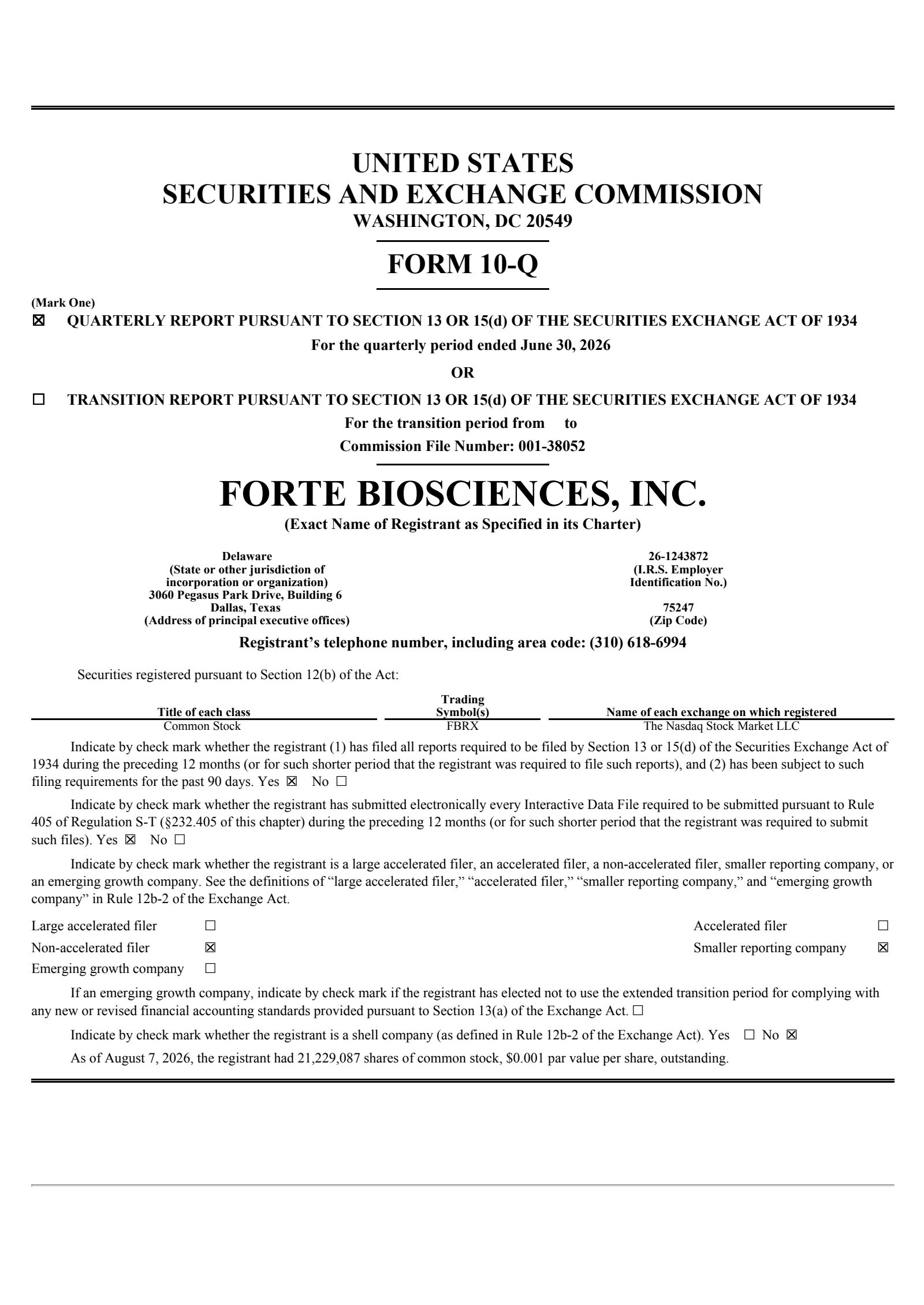 Forte Biosciences' Q2 2026 Quarterly report