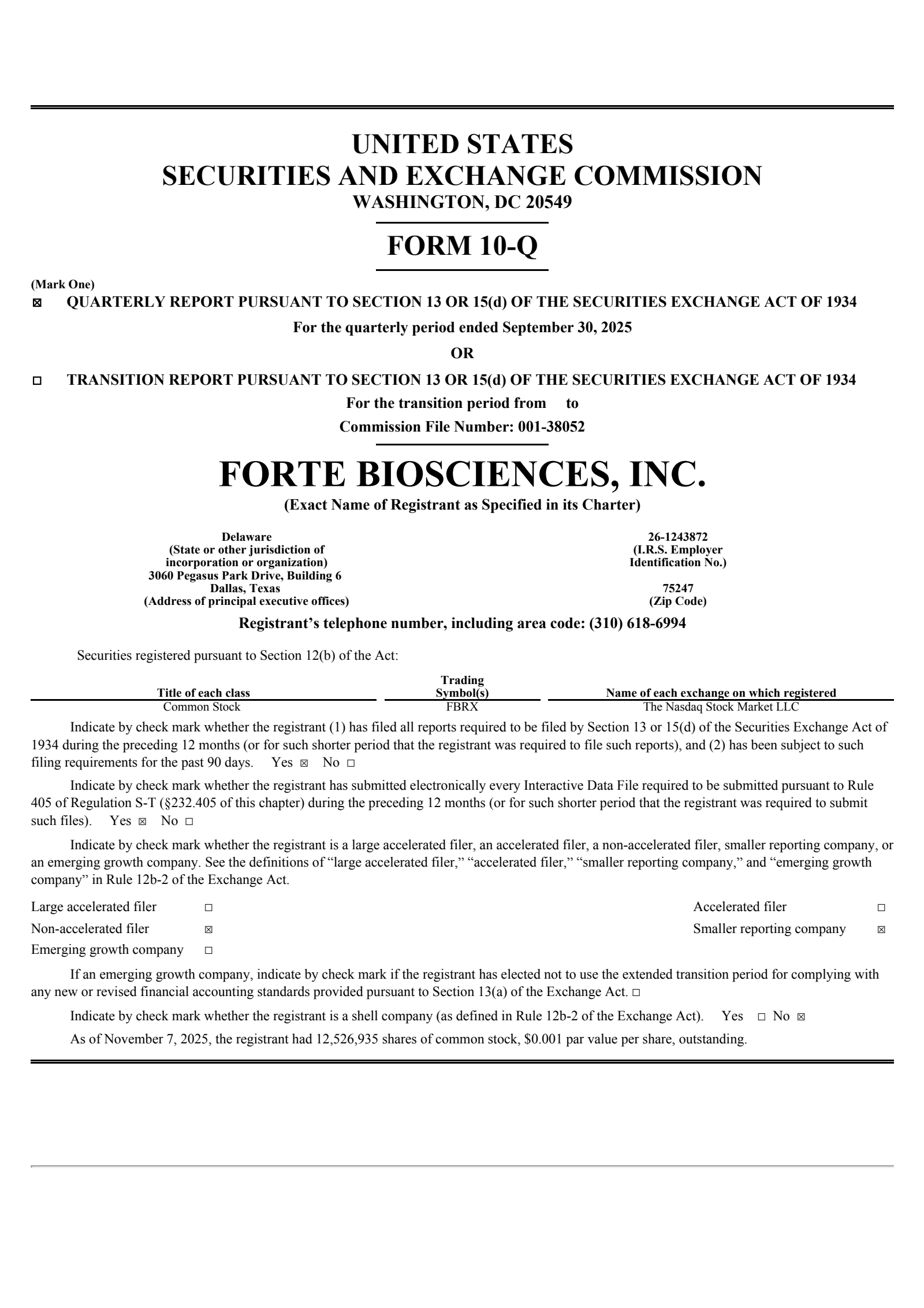 Forte Biosciences' Q3 2025 Quarterly Report
