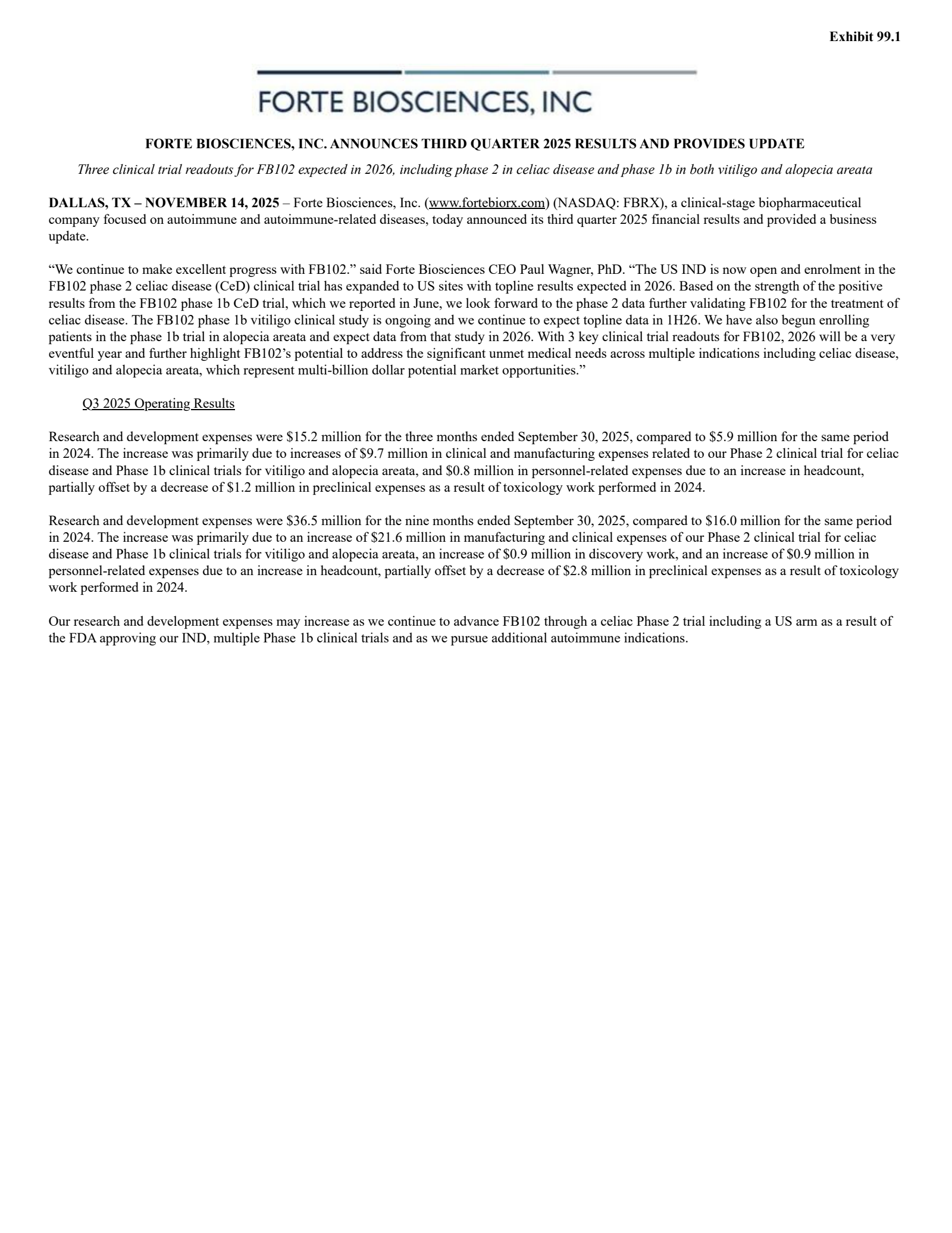 Forte Biosciences' Q3 2025 Earnings Release