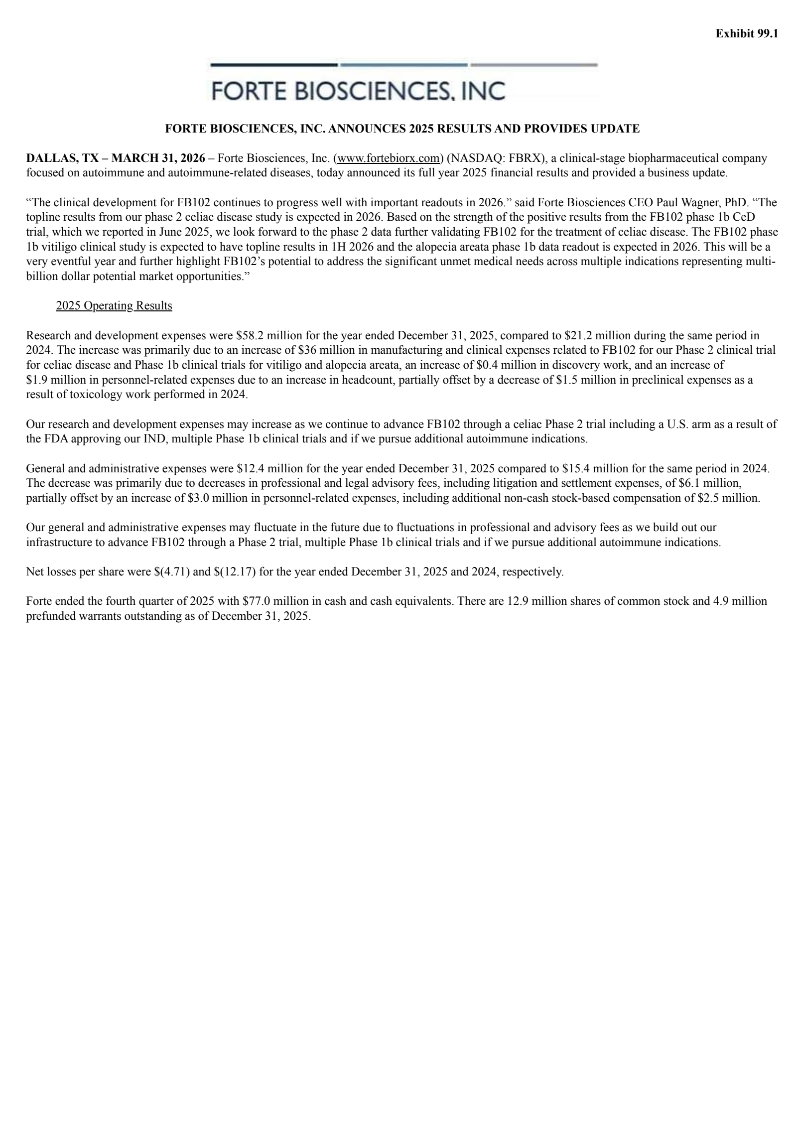Forte Biosciences' Q4 2025 Press Release