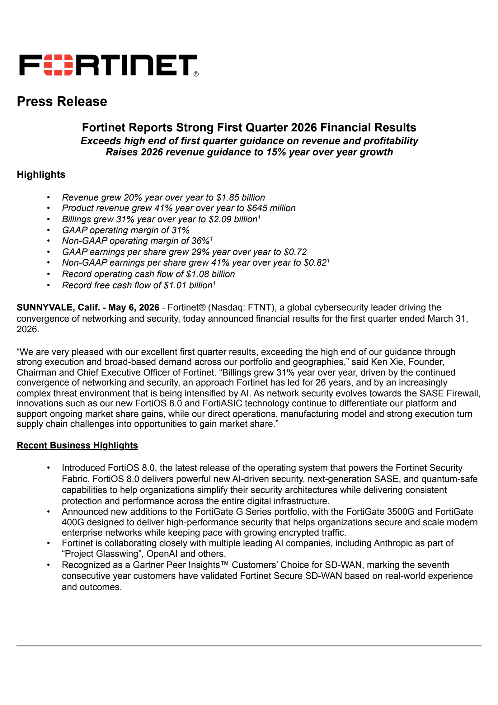Fortinet's Q1 2026 Press Release